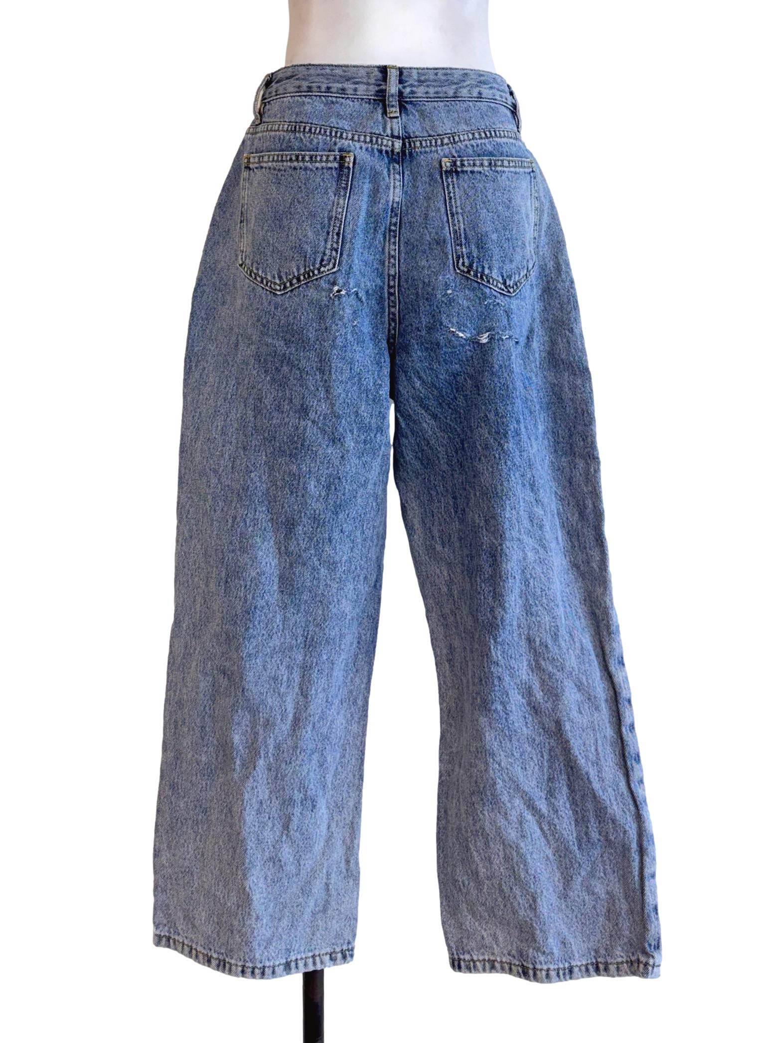 Mid Wash Distressed Wide-Leg Jeans