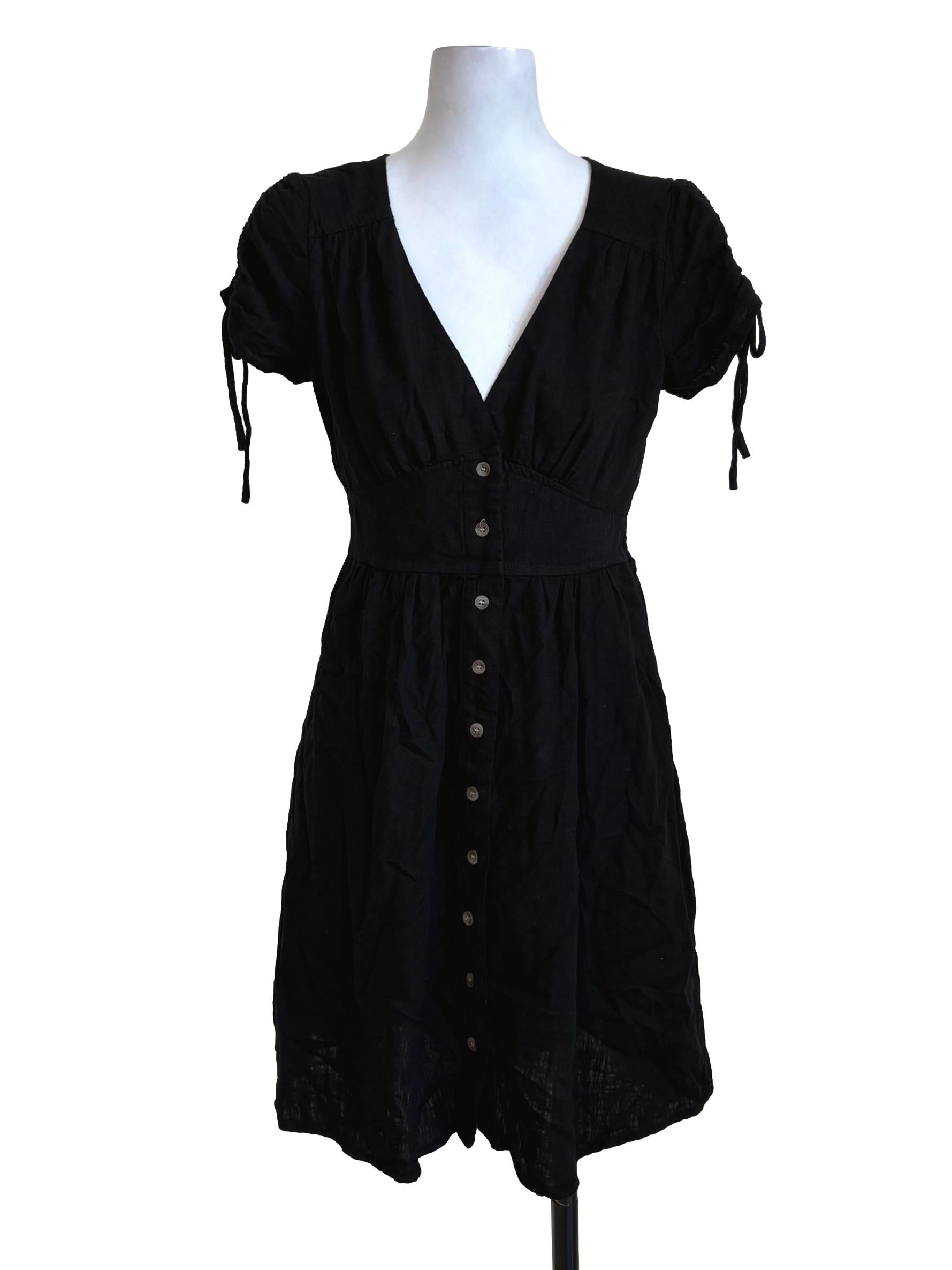 Black Buttoned Straight Cotton Dress