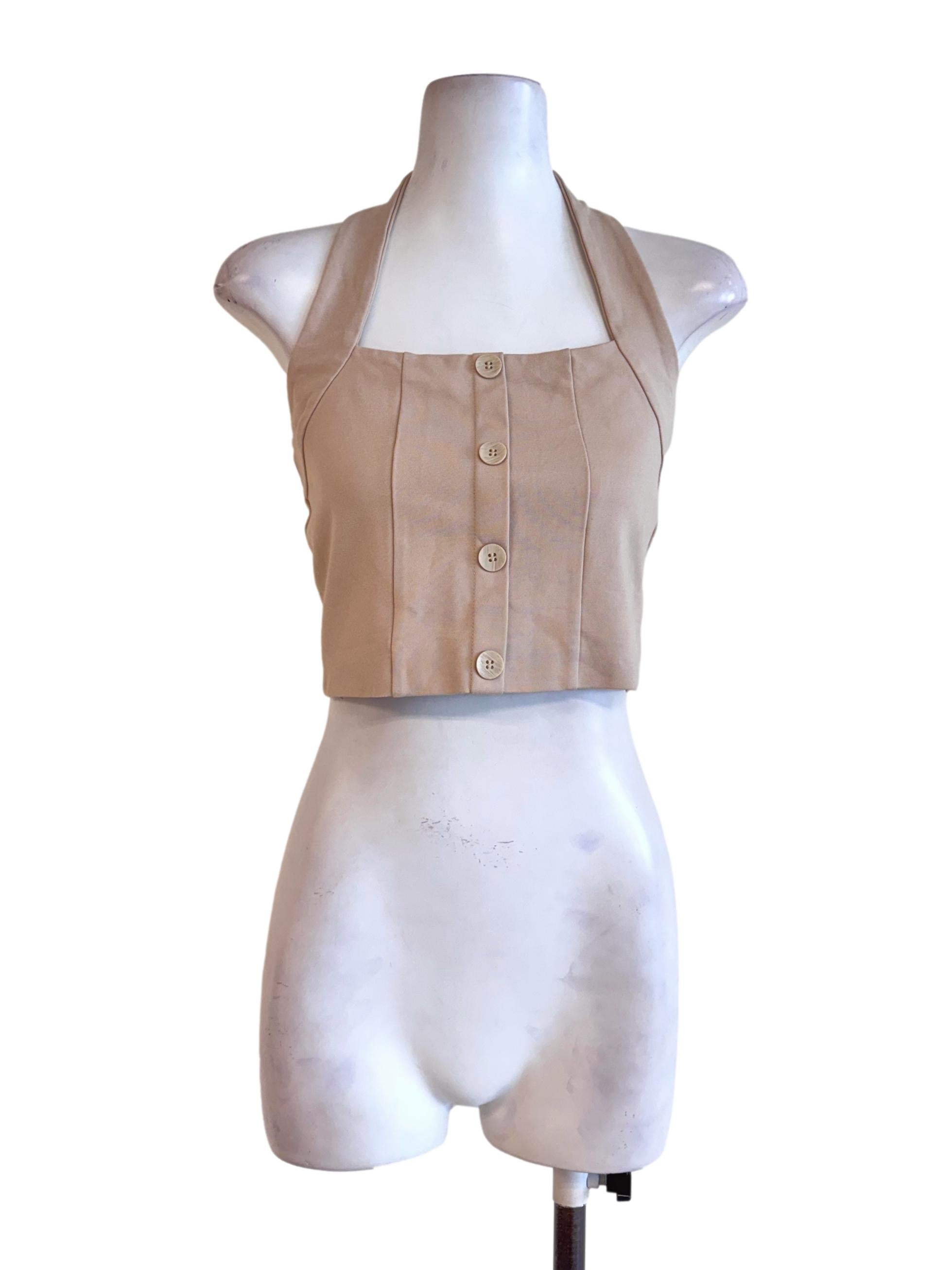 Beige Buttoned Halter Crop Top