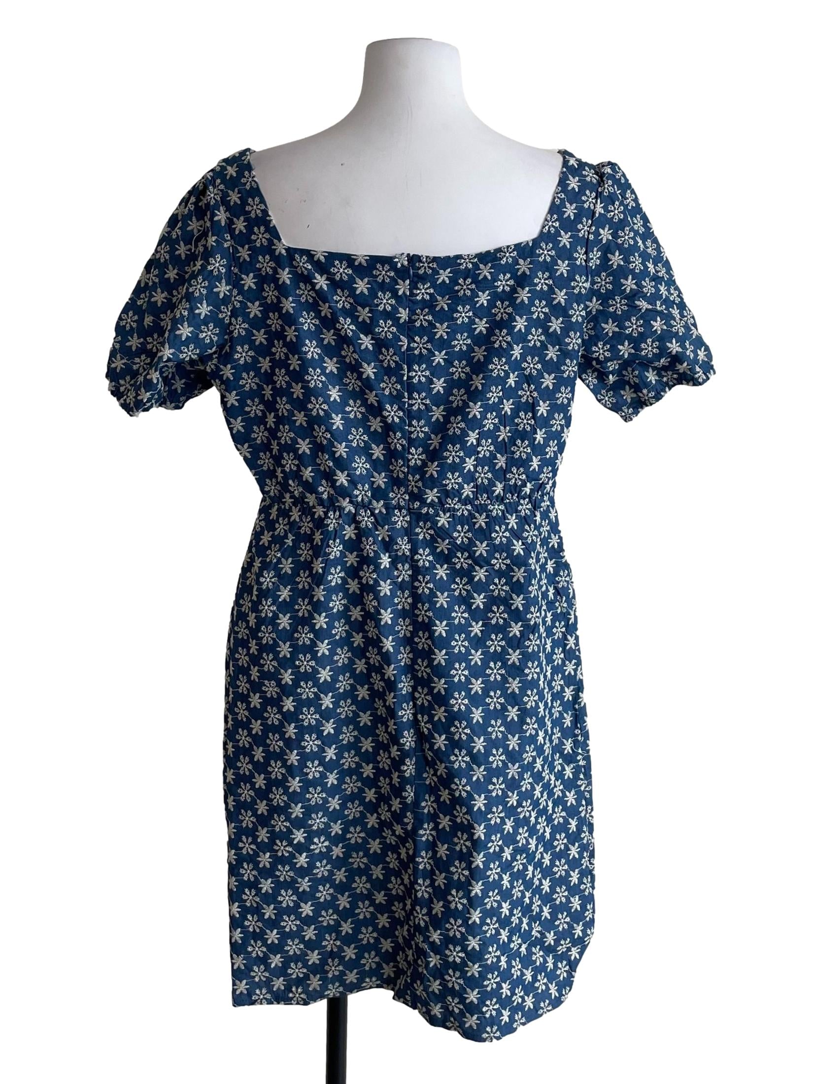 Blue Floral Eyelets Puff Sleeves Dress