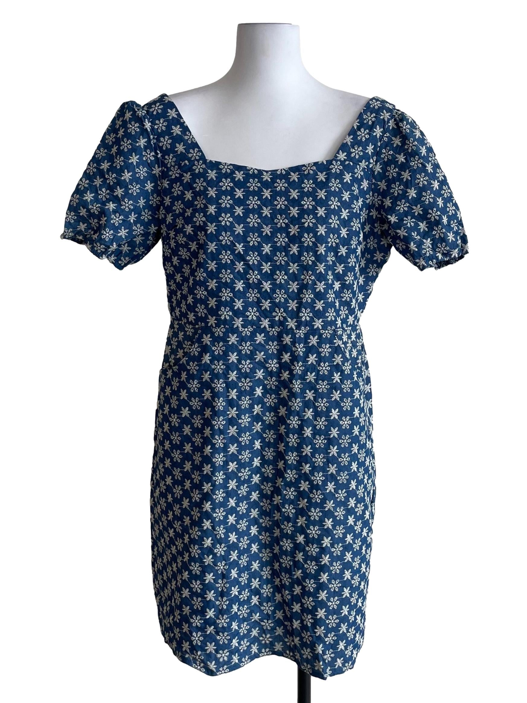 Blue Floral Eyelets Puff Sleeves Dress