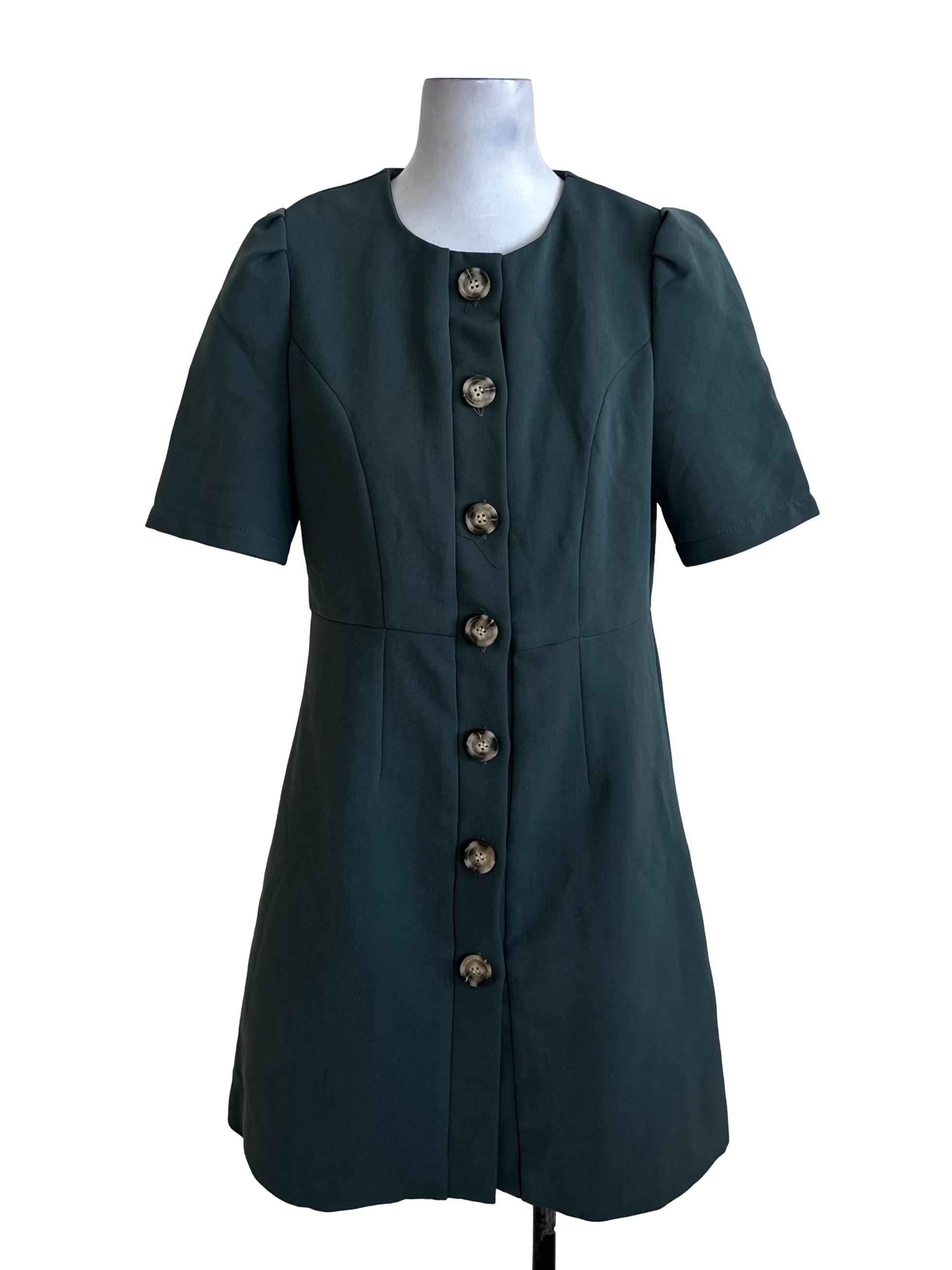 Forest Green Button Fitted Dress