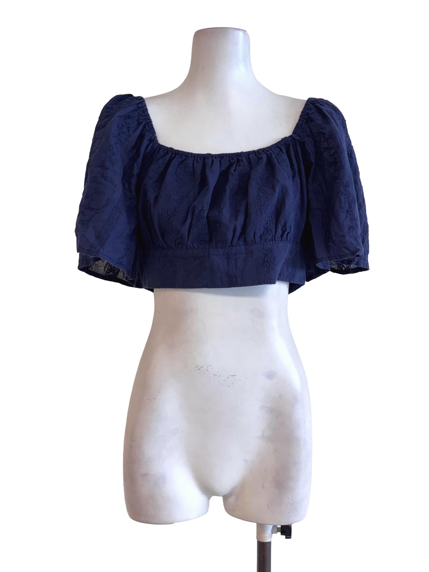 Navy Puff-Sleeve Cropped Blouse