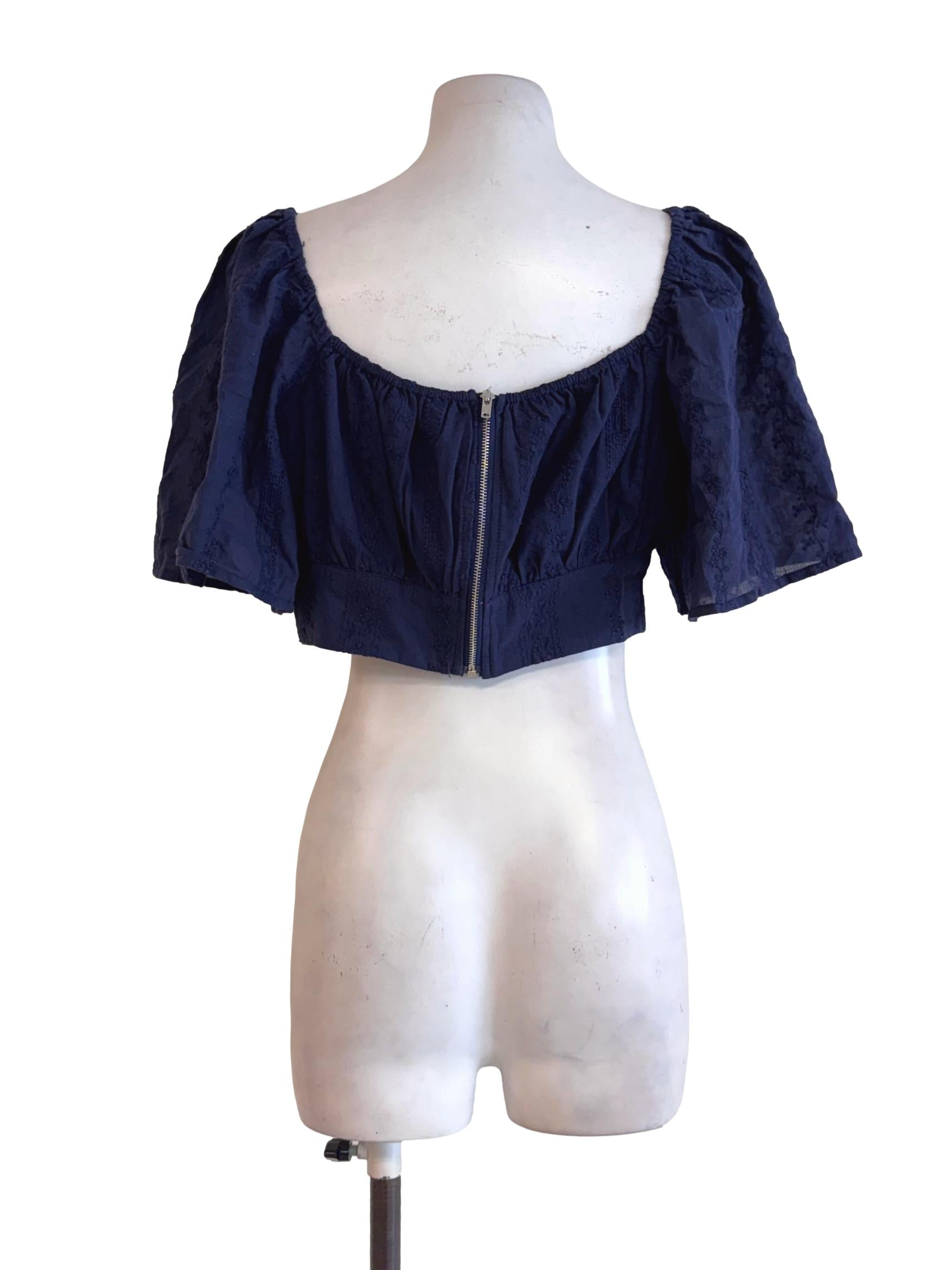 Navy Puff-Sleeve Cropped Blouse