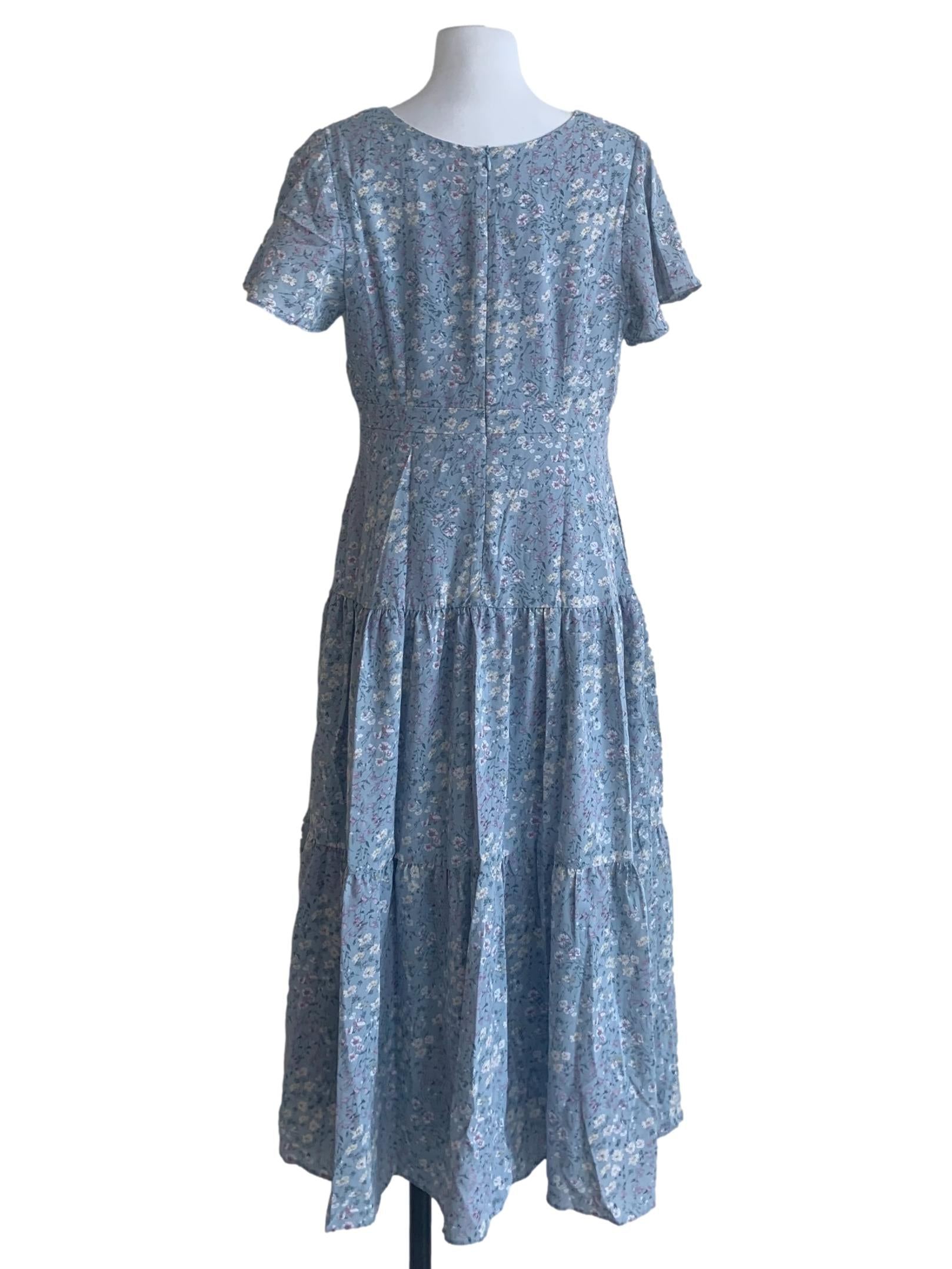 Sky Blue Floral Pattern Tiered Dress