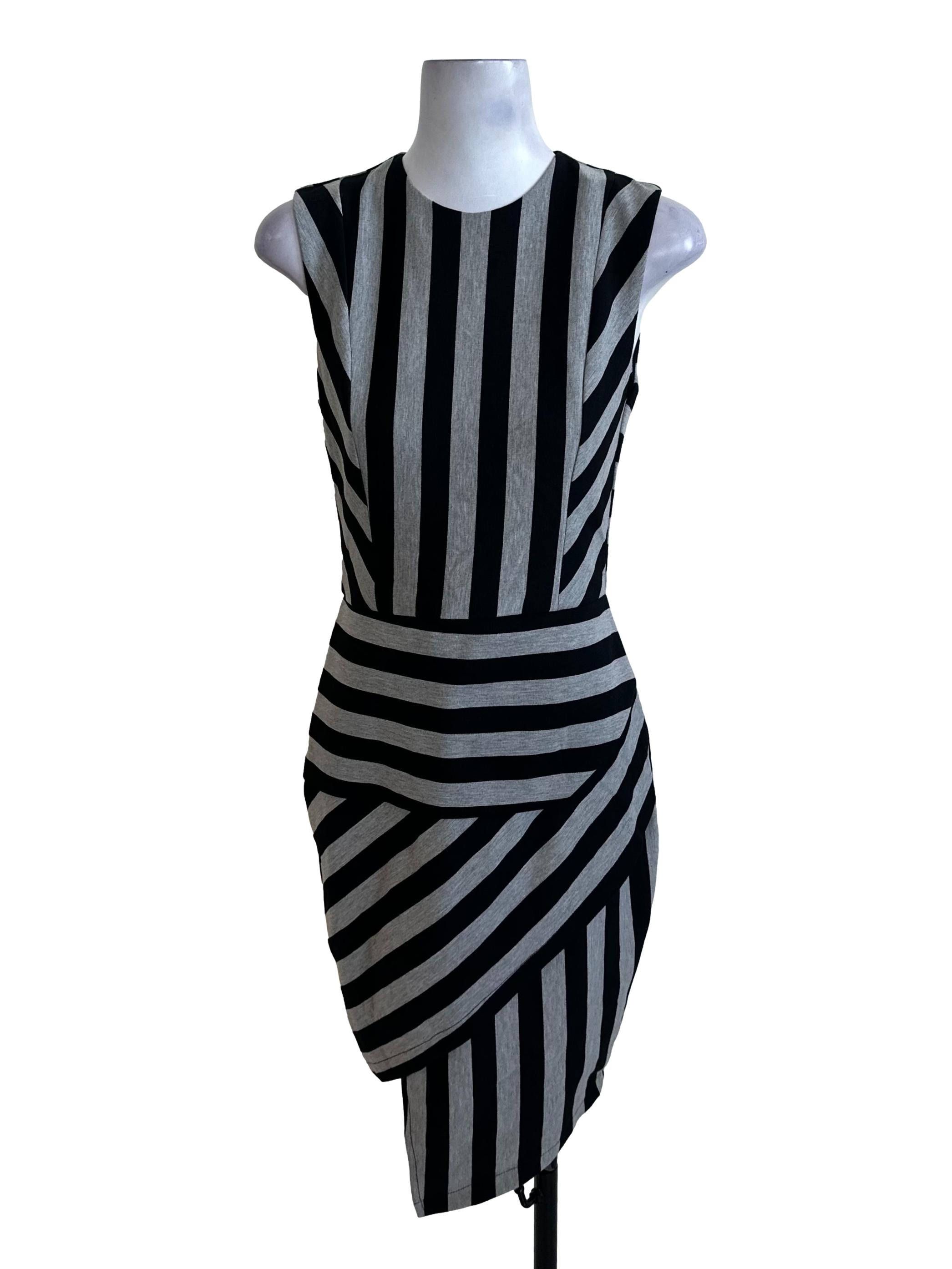 Black Grey Stripe Asymmetric Dress