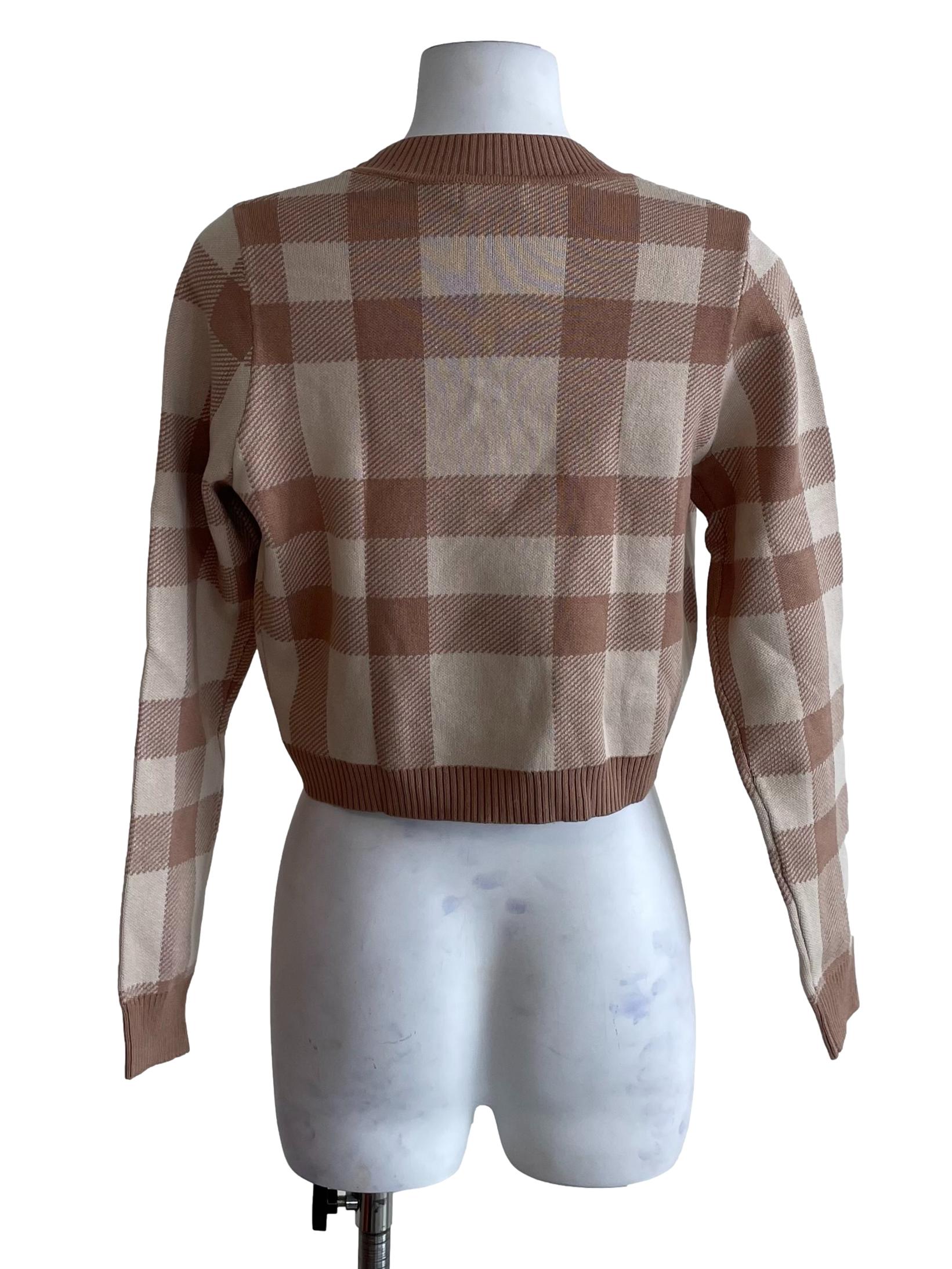 Sepia Beige Checks Crop Cardigan