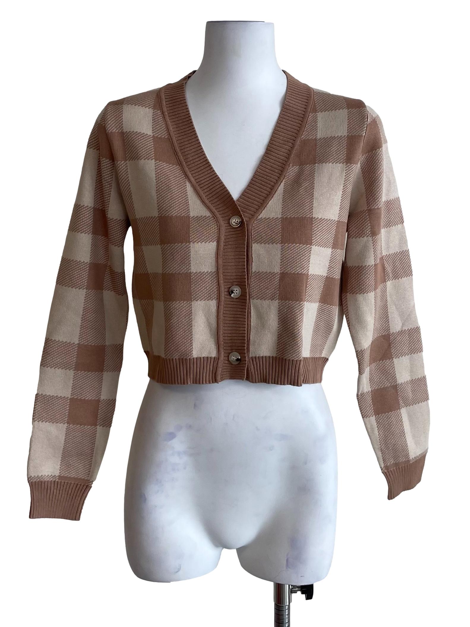 Sepia Beige Checks Crop Cardigan