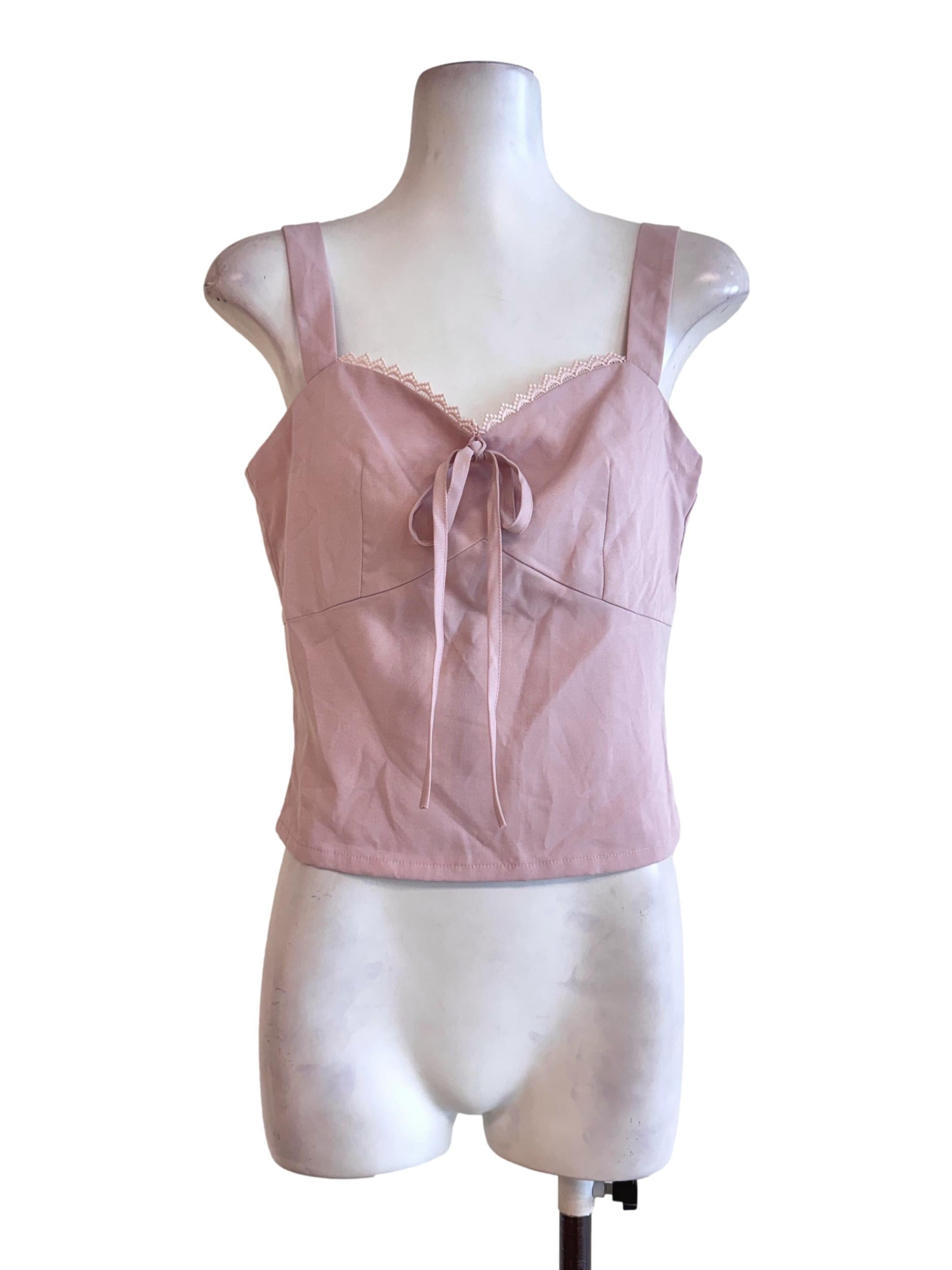 Dusty Pink Lace-Trim Bow Cami Top