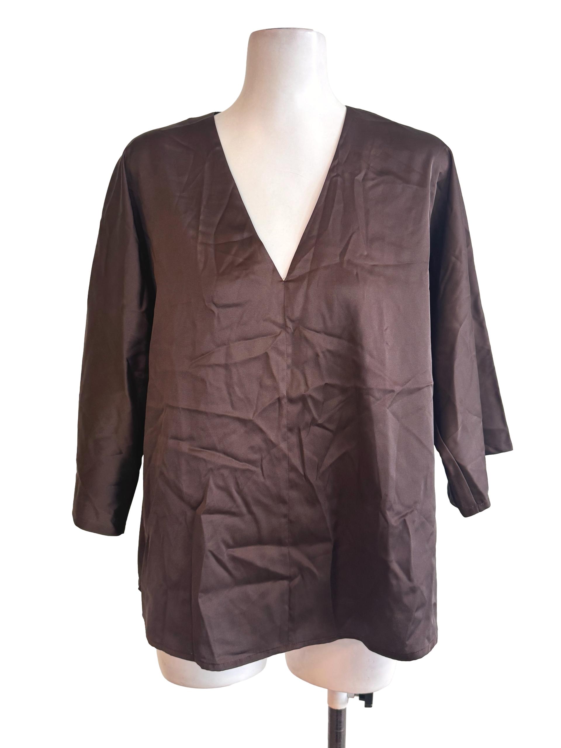 Brown V Neck Satin Blouse
