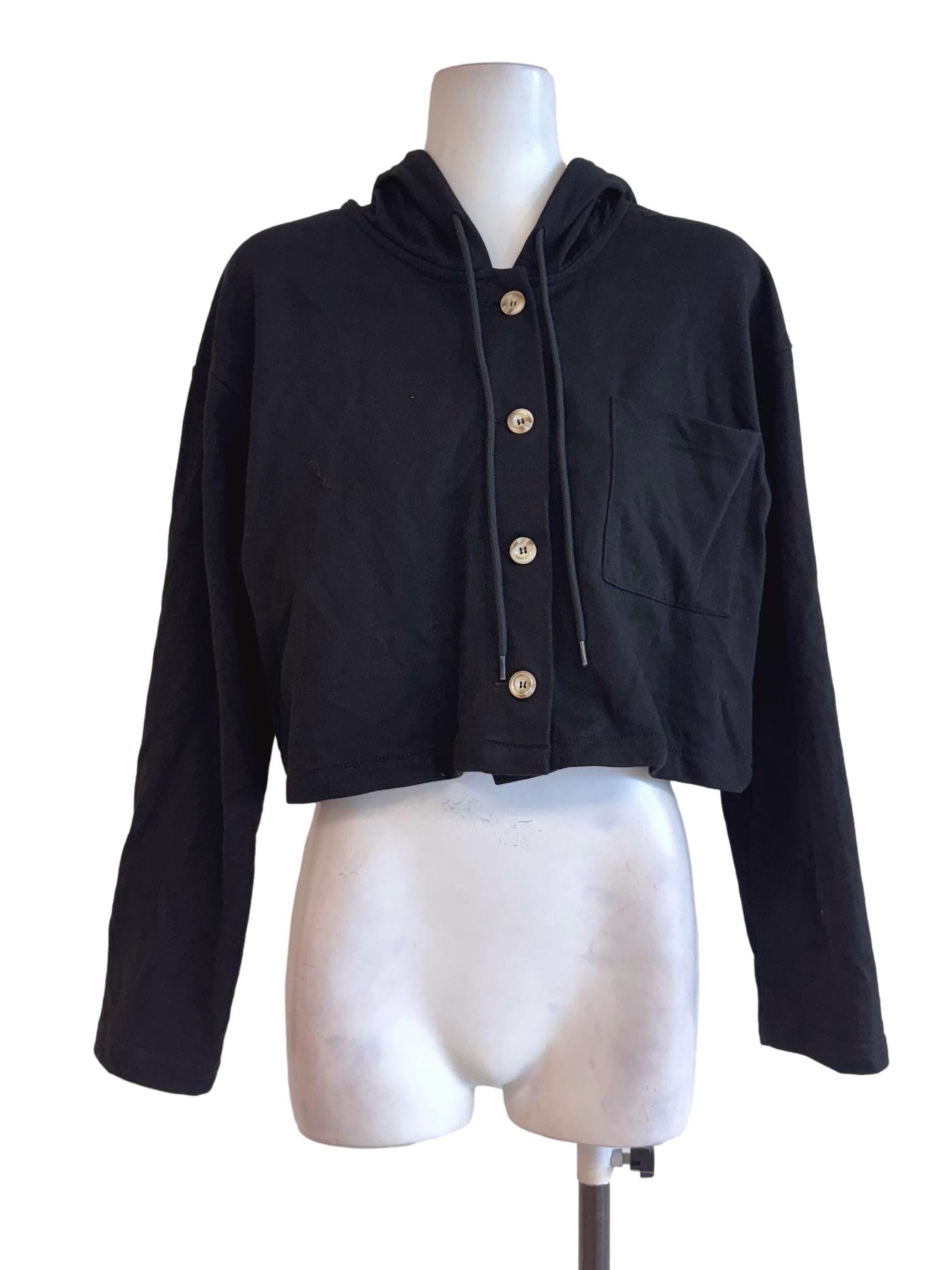 Black Buttoned Cropped Hoodie