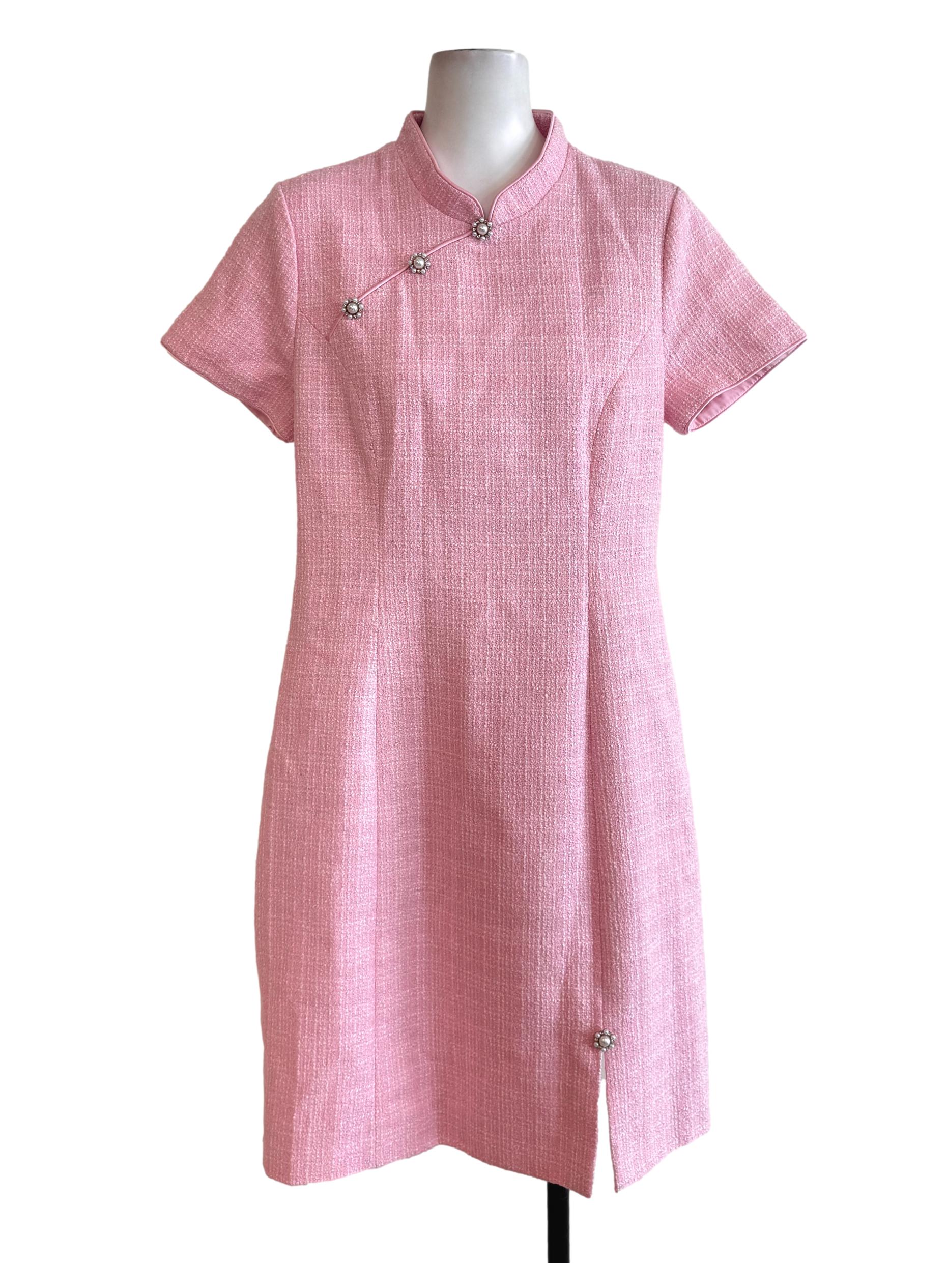 Pink Textured Cheongsam Dress