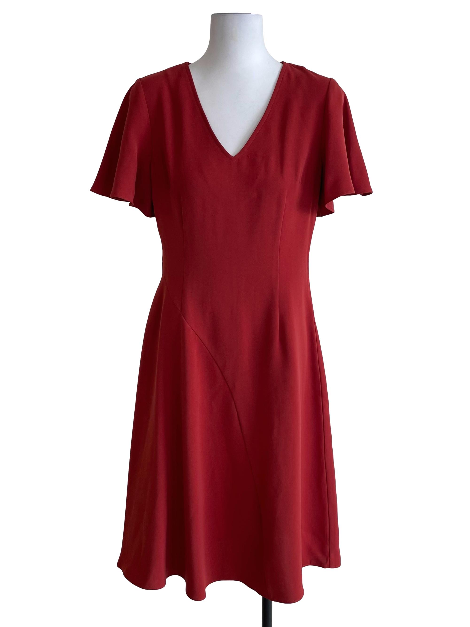 Brick Red Drop Waist V Neck Dress