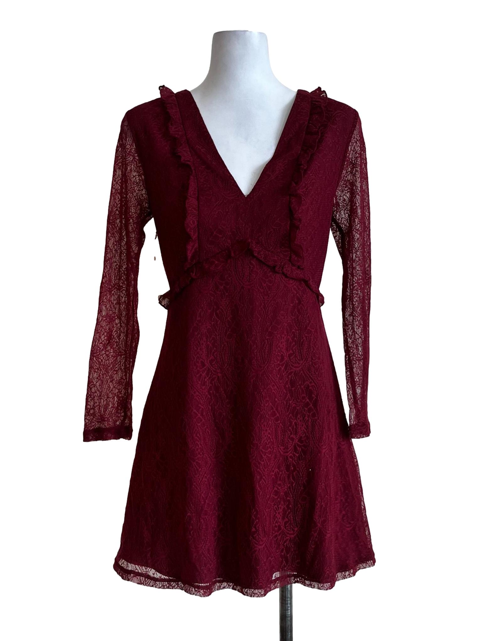 Maroon V Neck Lace Dress
