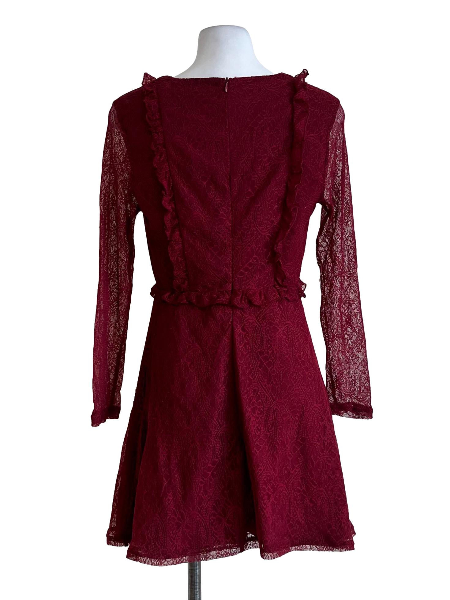 Maroon V Neck Lace Dress