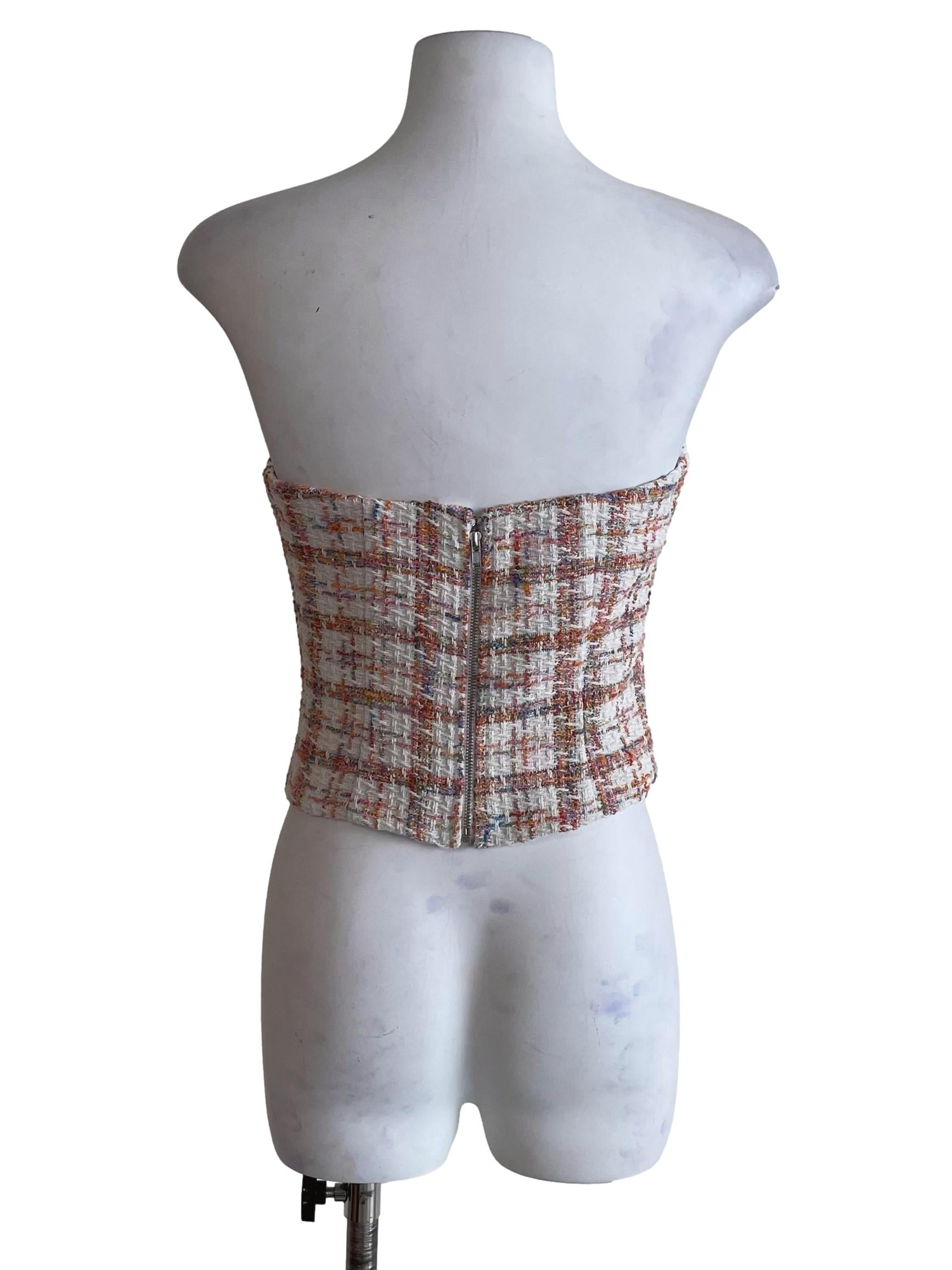 White Multicolor Tweed Strapless Top