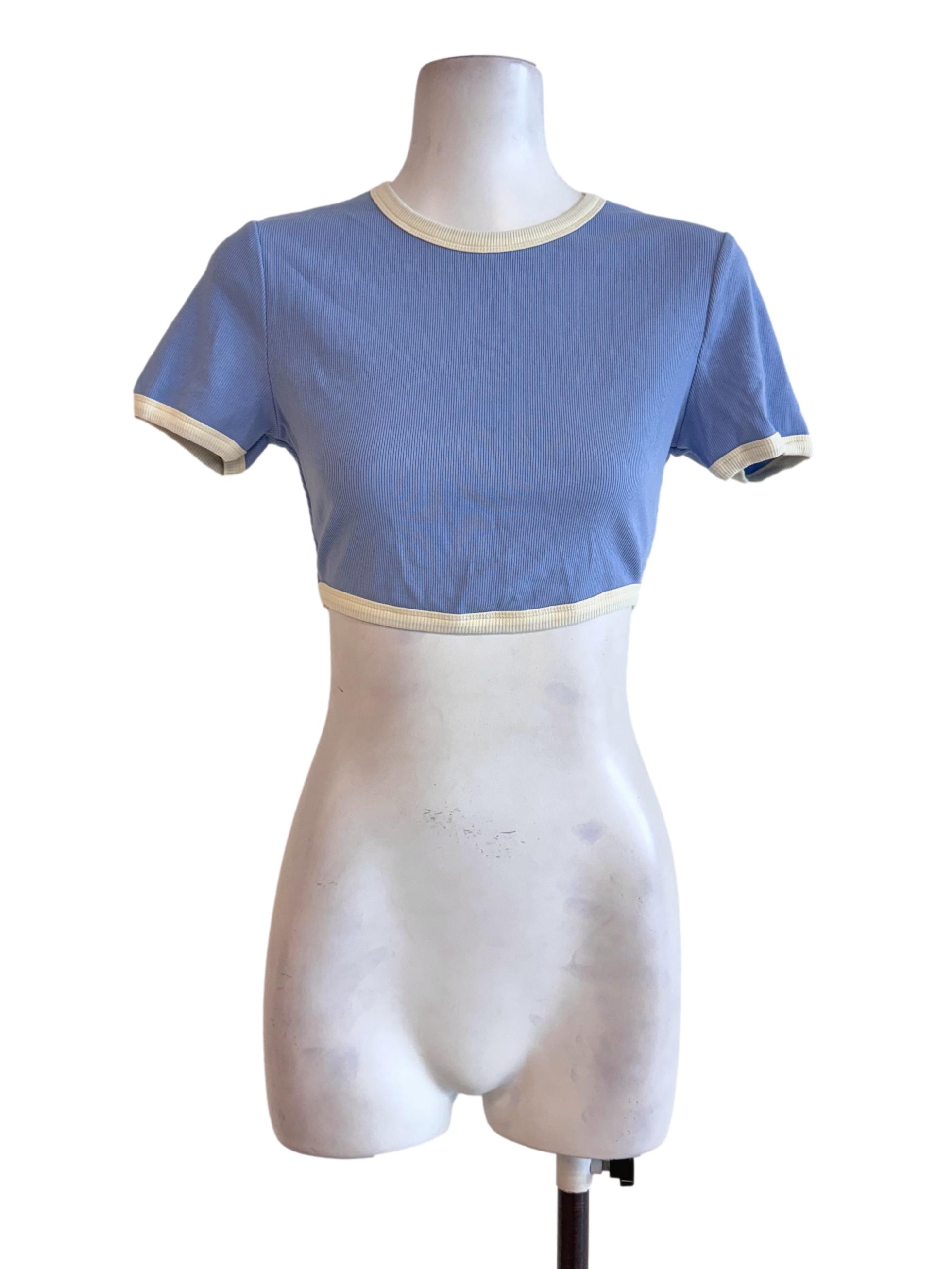 Baby Blue Contrast-Trim Crop Tee