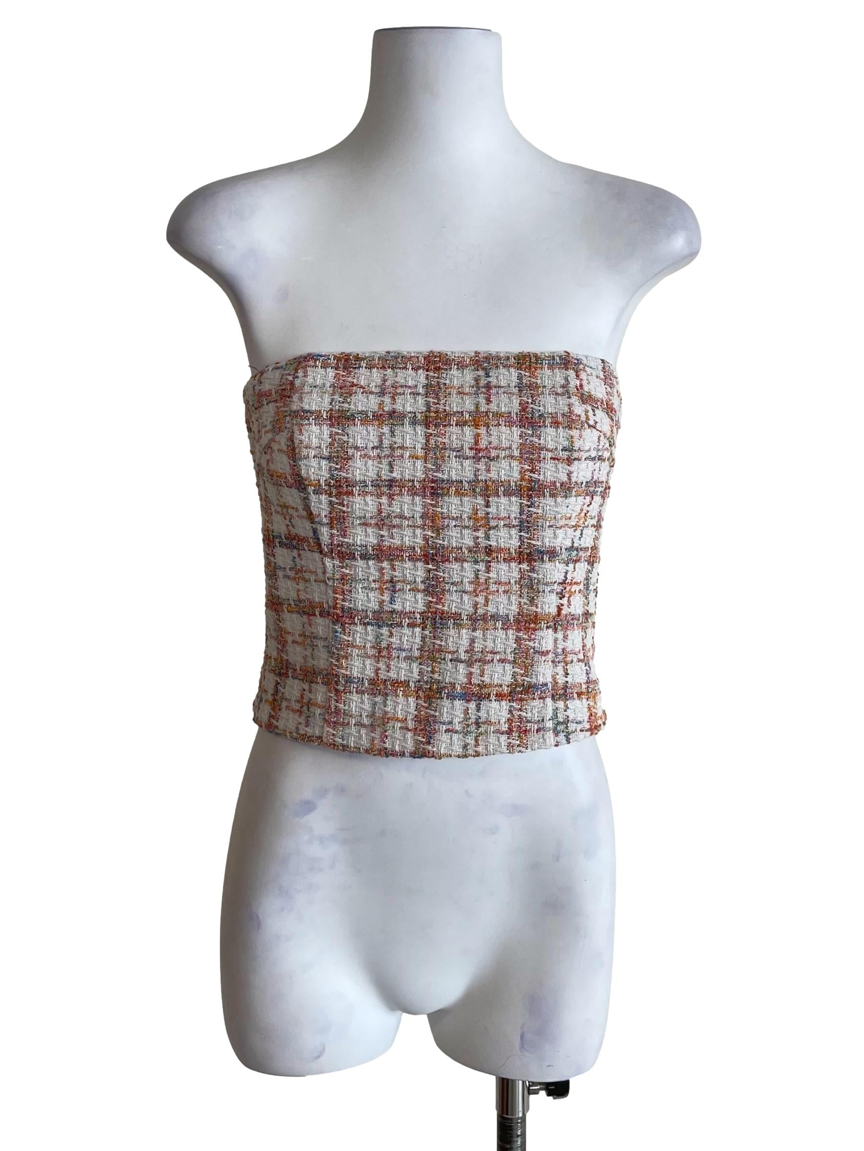 White Multicolor Tweed Strapless Top