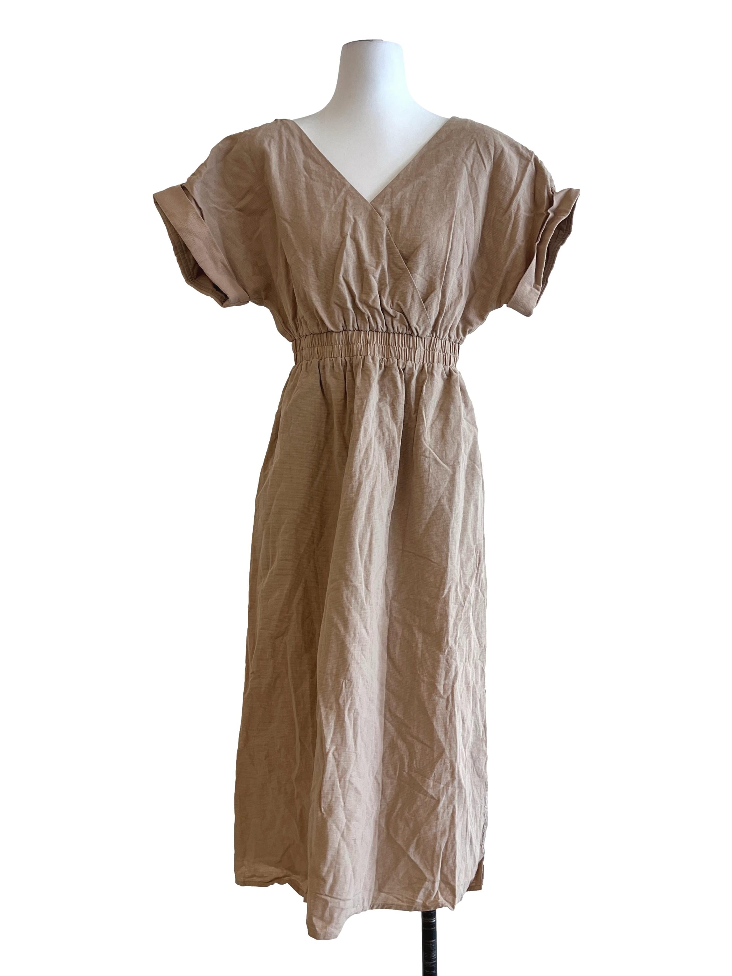 Textured Cotton V-Neck Dress OSN