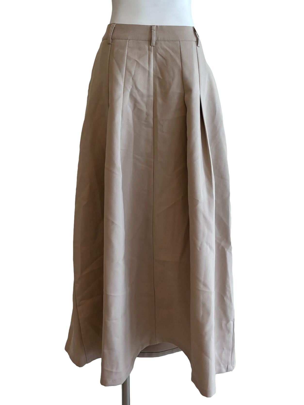 Sand Beige Pleated A-Line Skirt