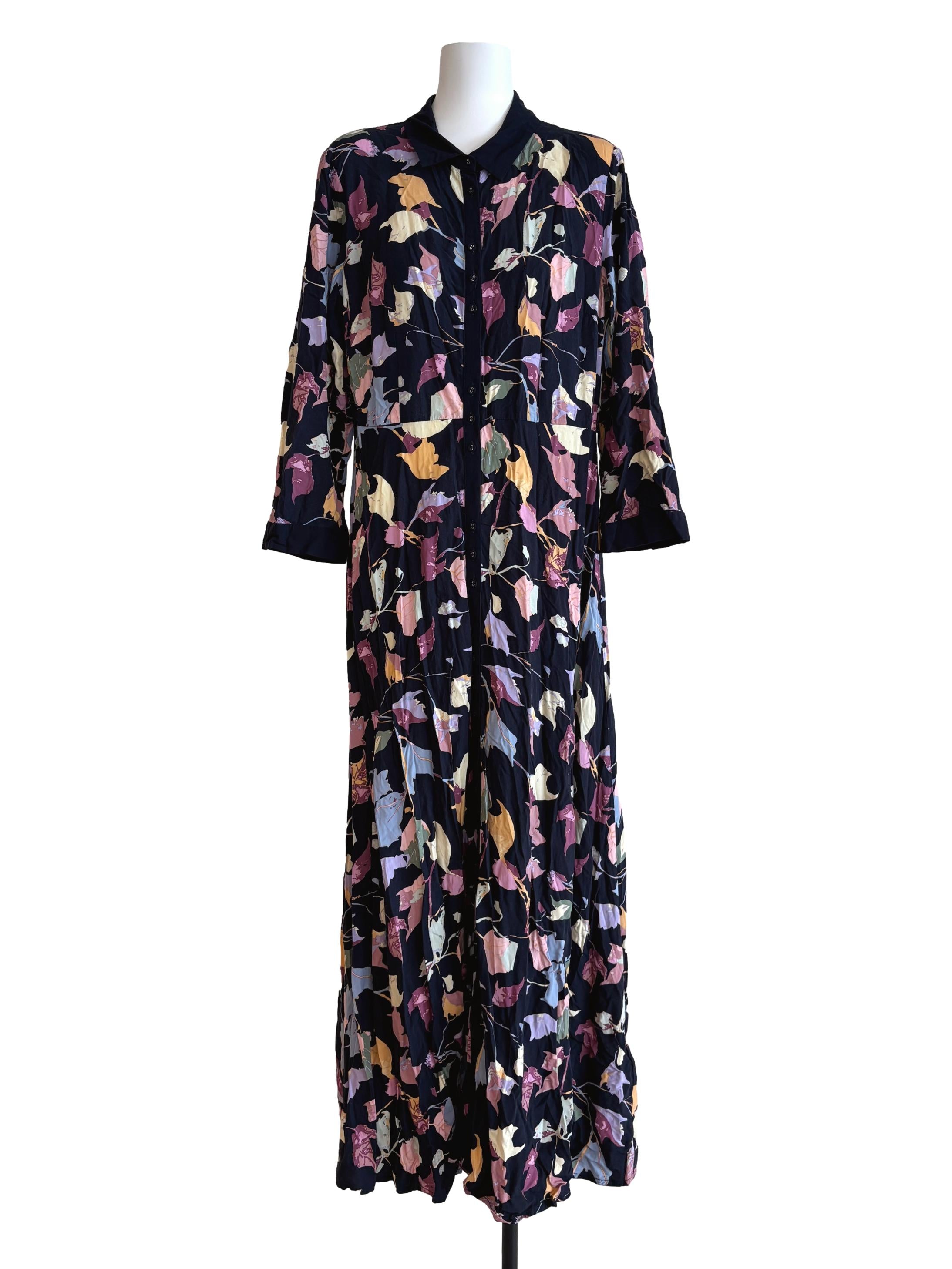 Midnight Blue Patterned Maxi Buttoned Dress