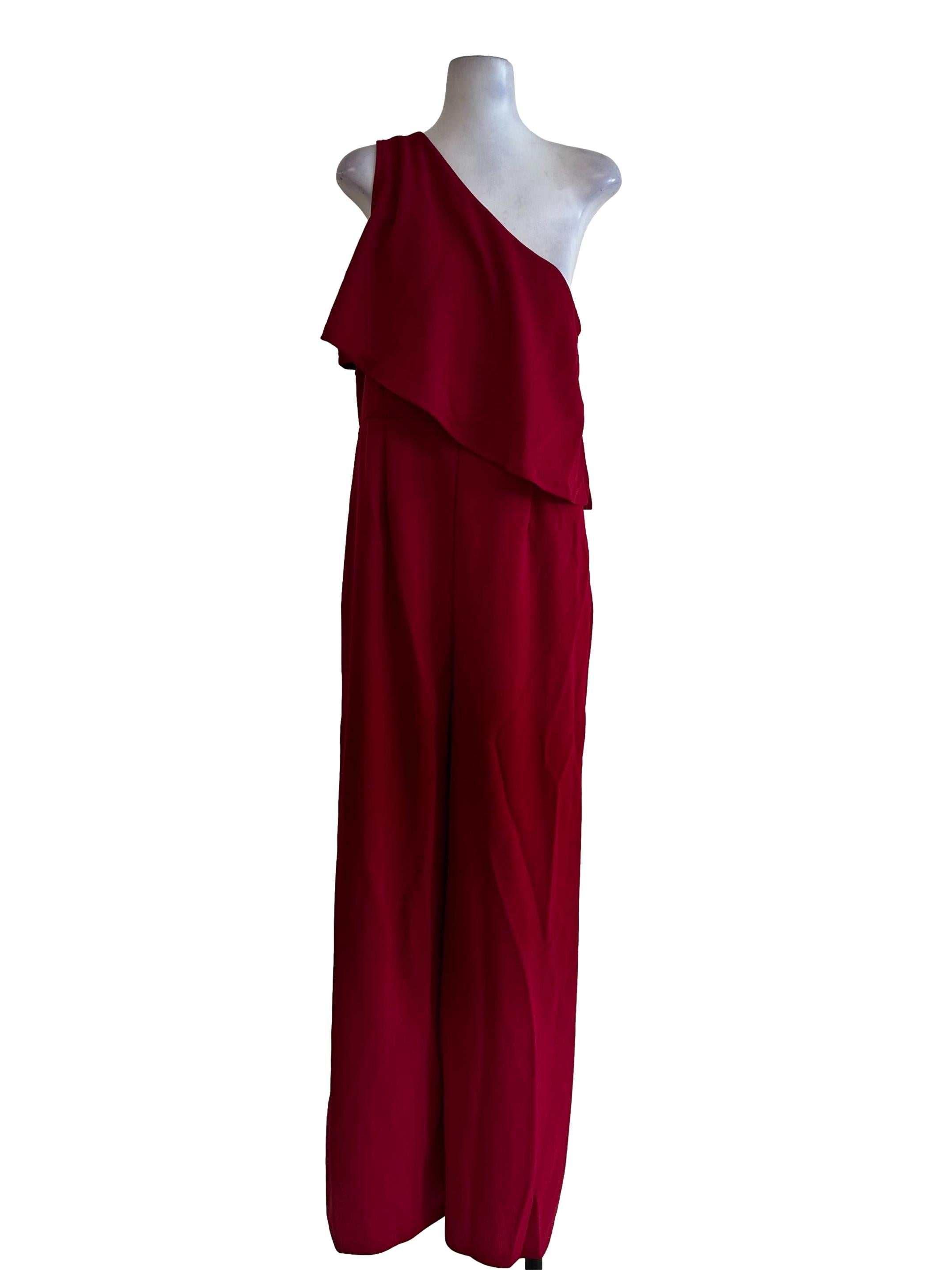 Cherry Red Asymmetric Neck Jumpsuits
