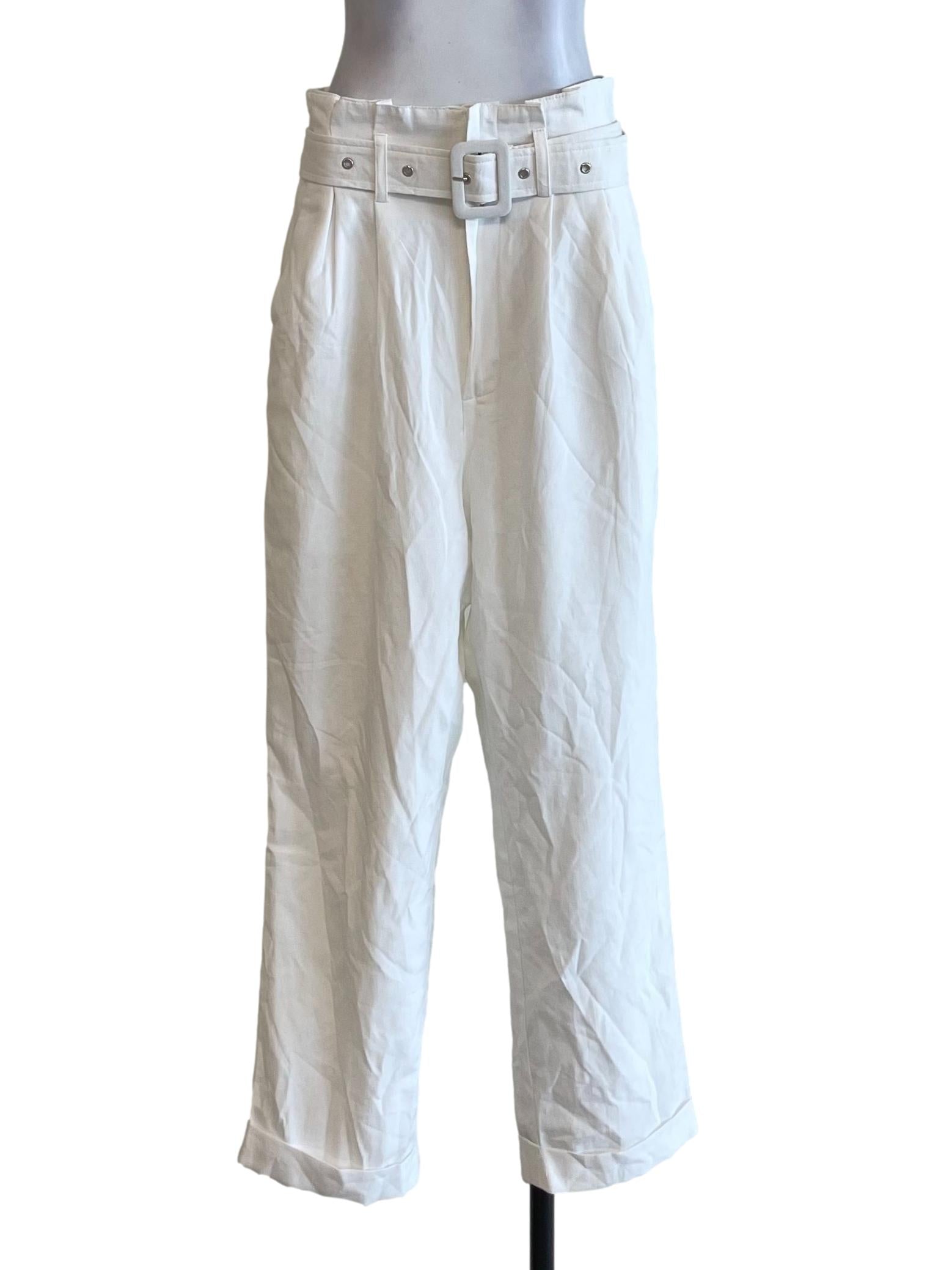 White Pleated Waist Cuffed Pants
