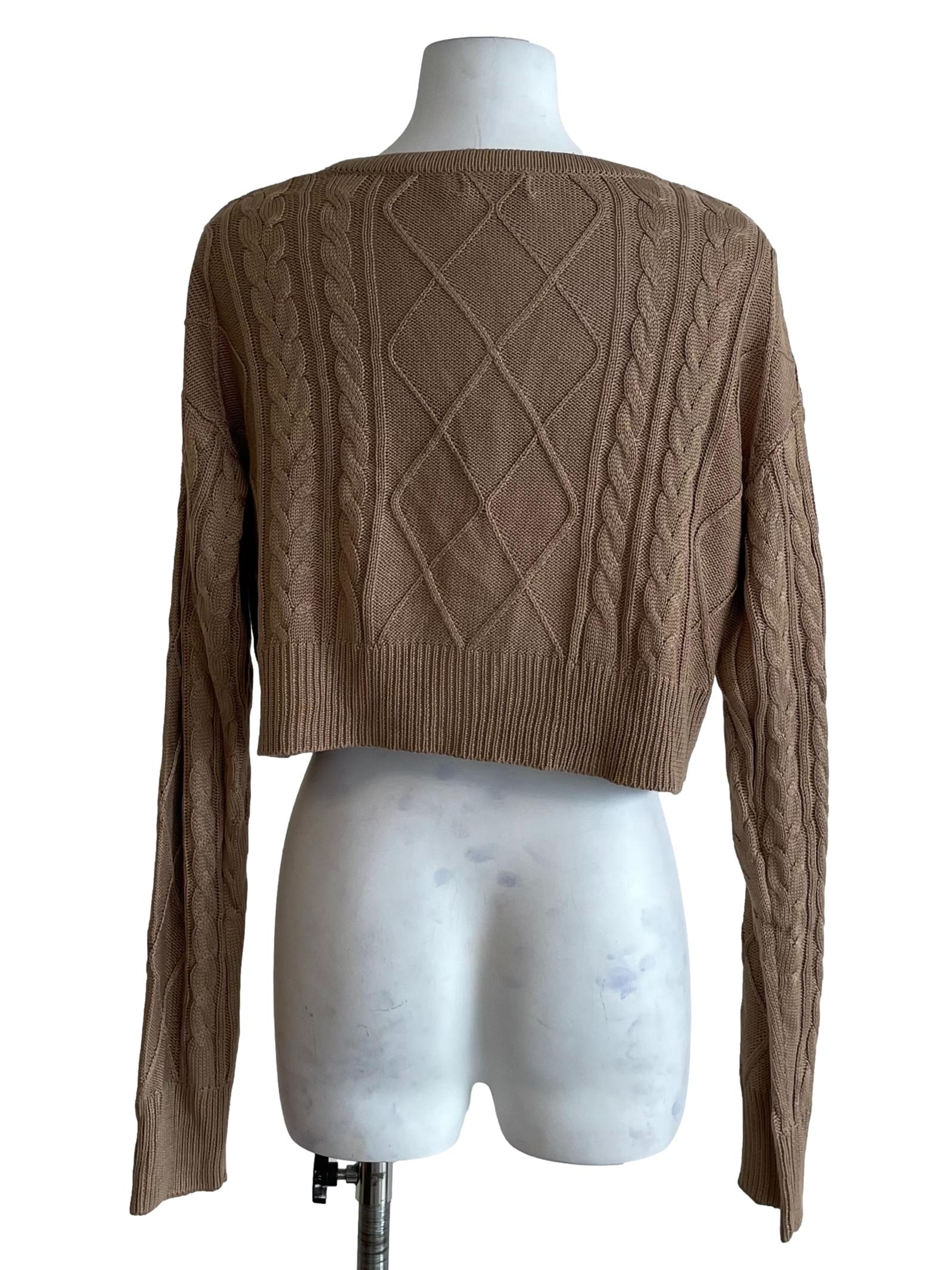 Peanut Brown Cable Knit Crop Cardigan