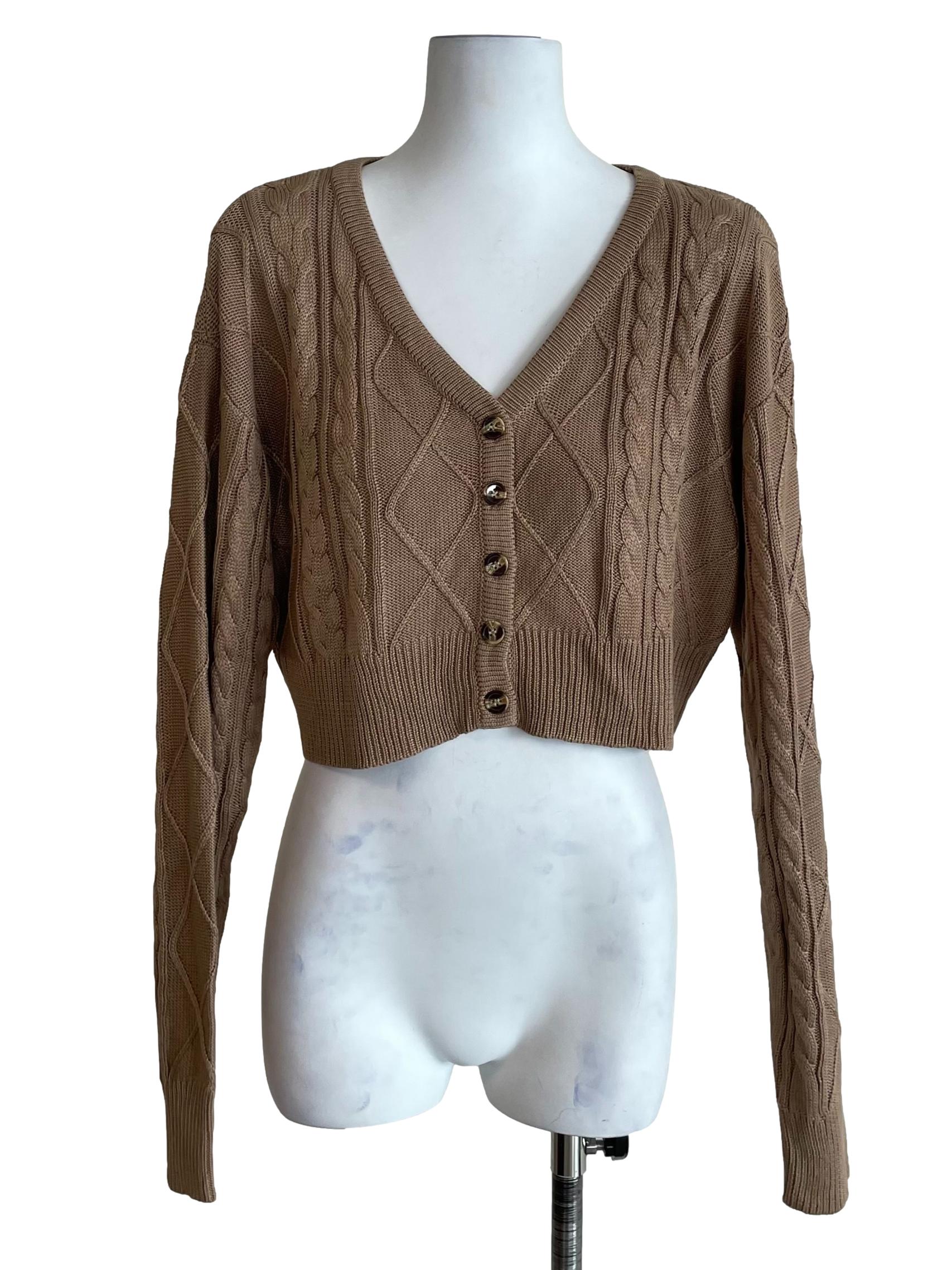 Peanut Brown Cable Knit Crop Cardigan