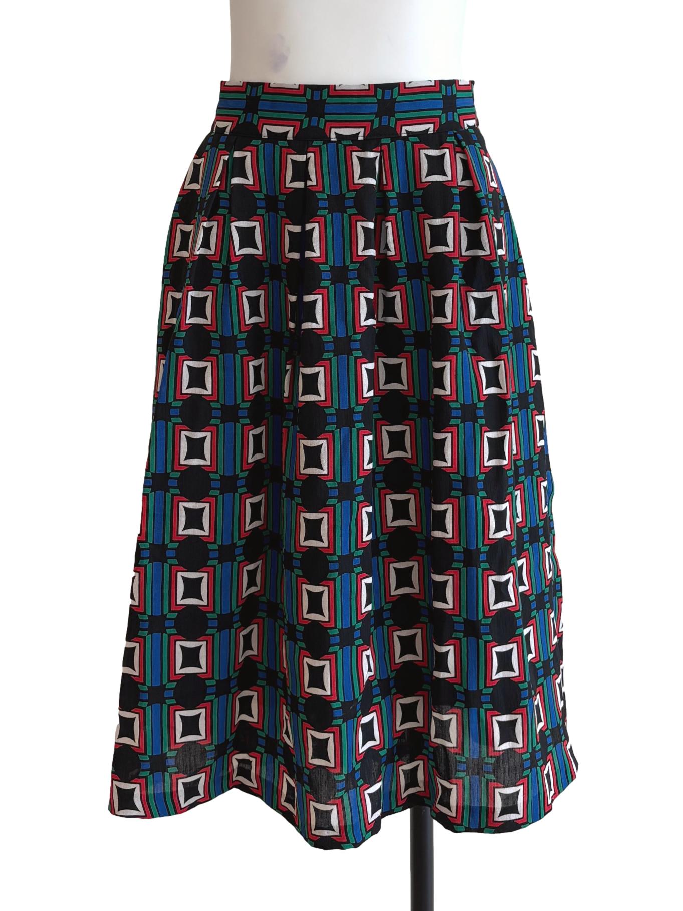 Blue Black Patterned Midi Skirt