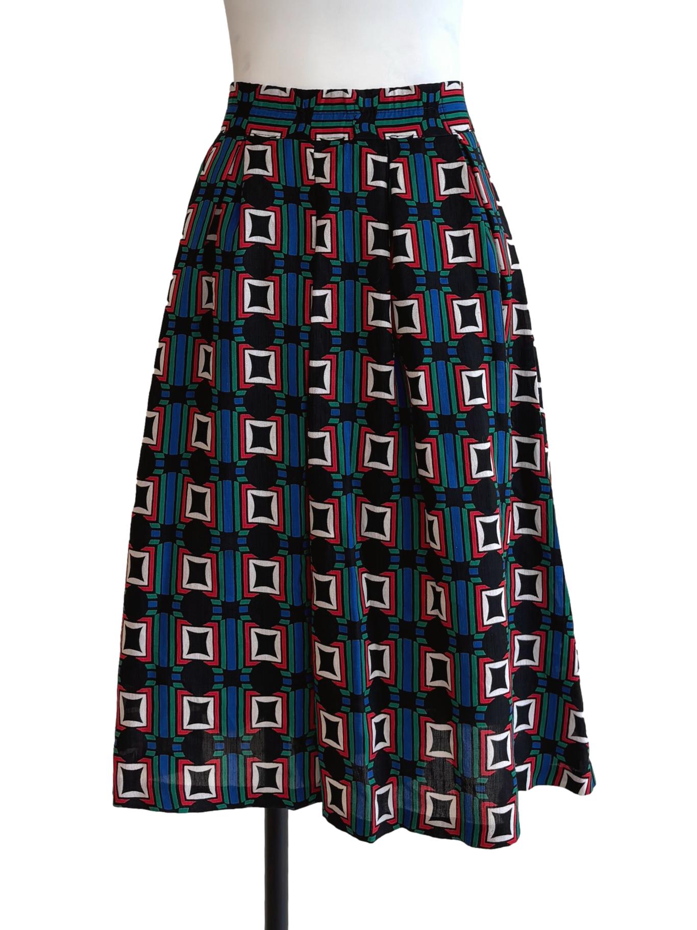 Blue Black Patterned Midi Skirt