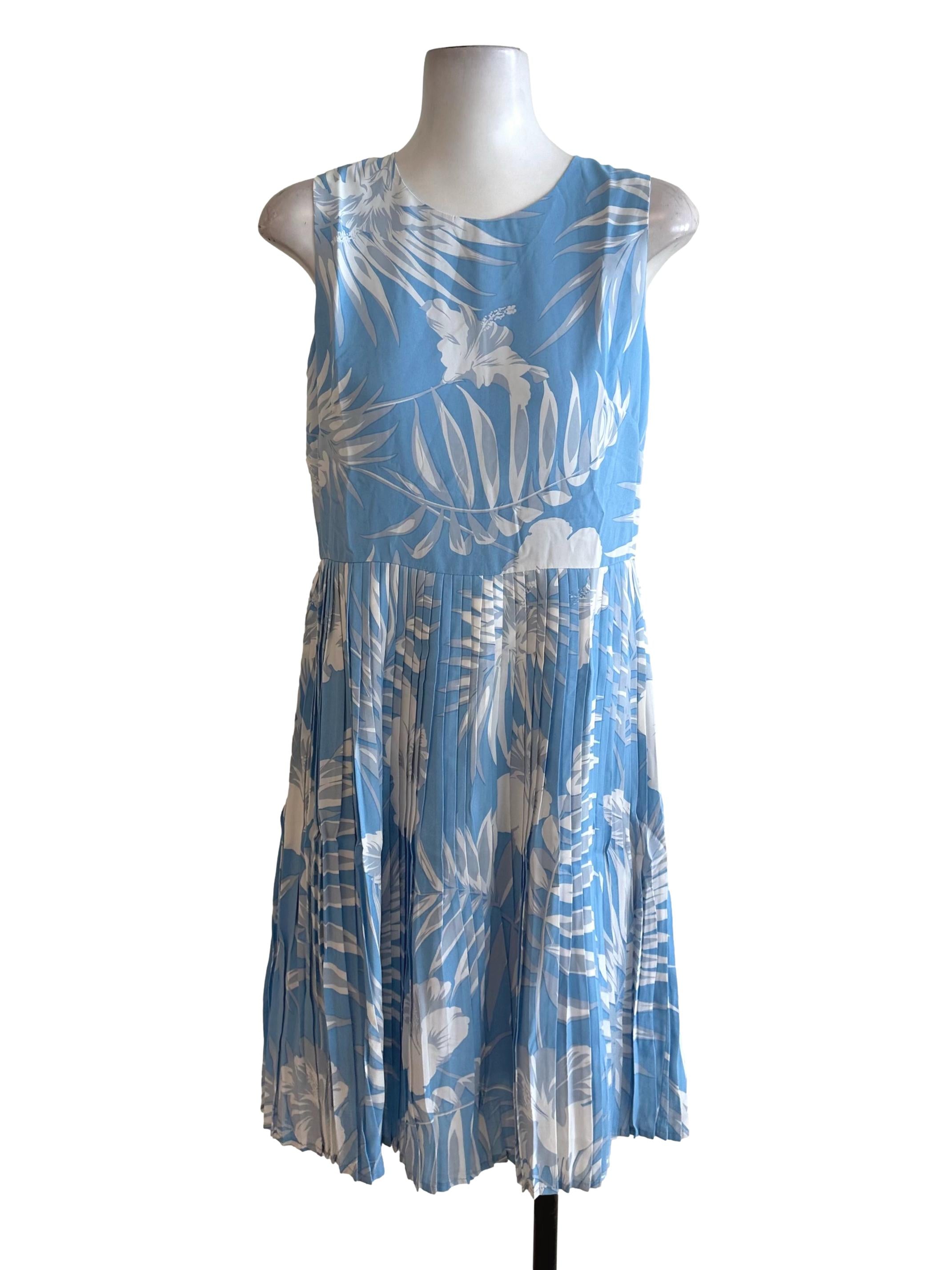 Sky Blue Pattern Pleated Dress