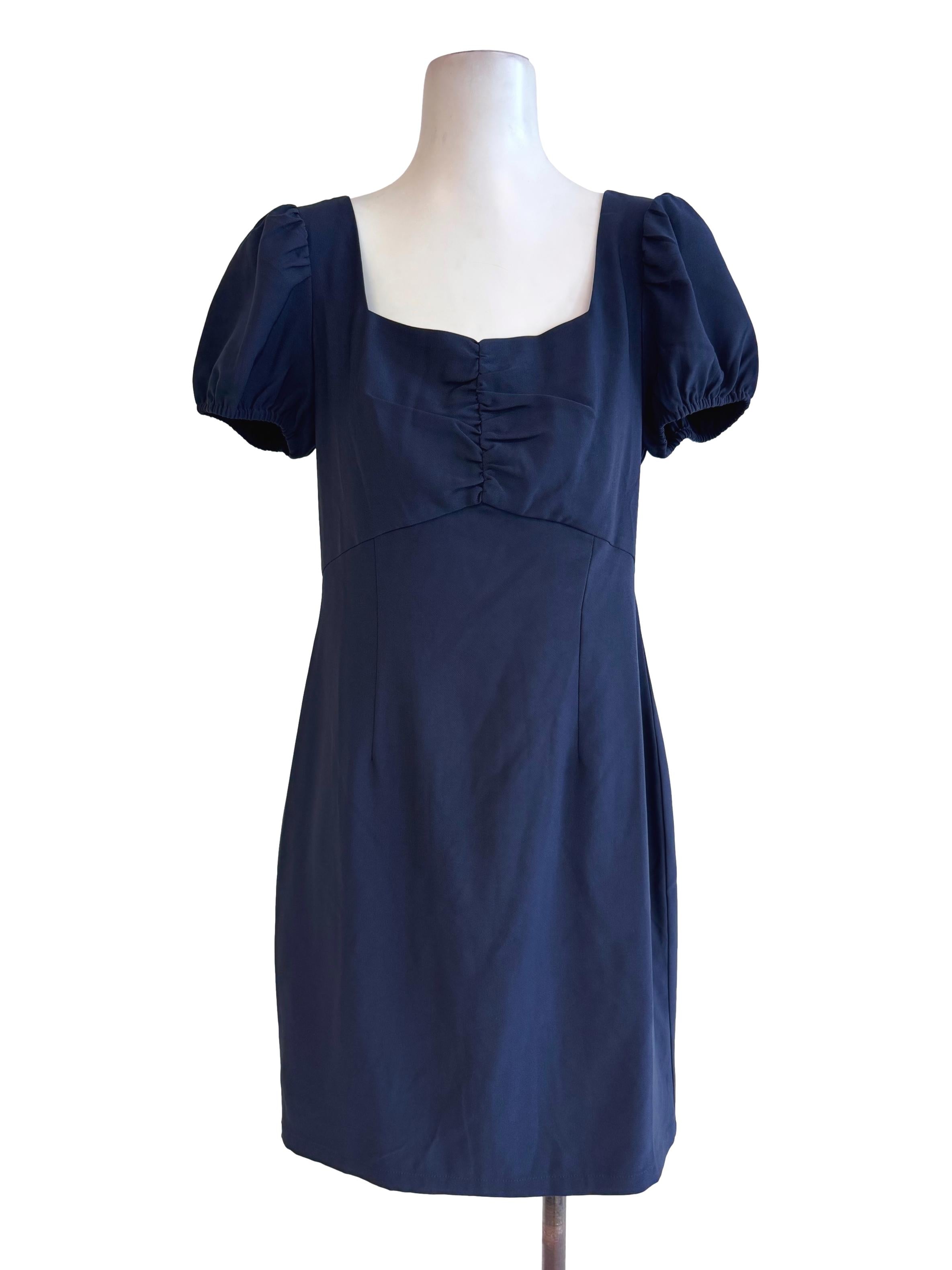 Navy Square-Neck Puff Sleeve Mini Dress