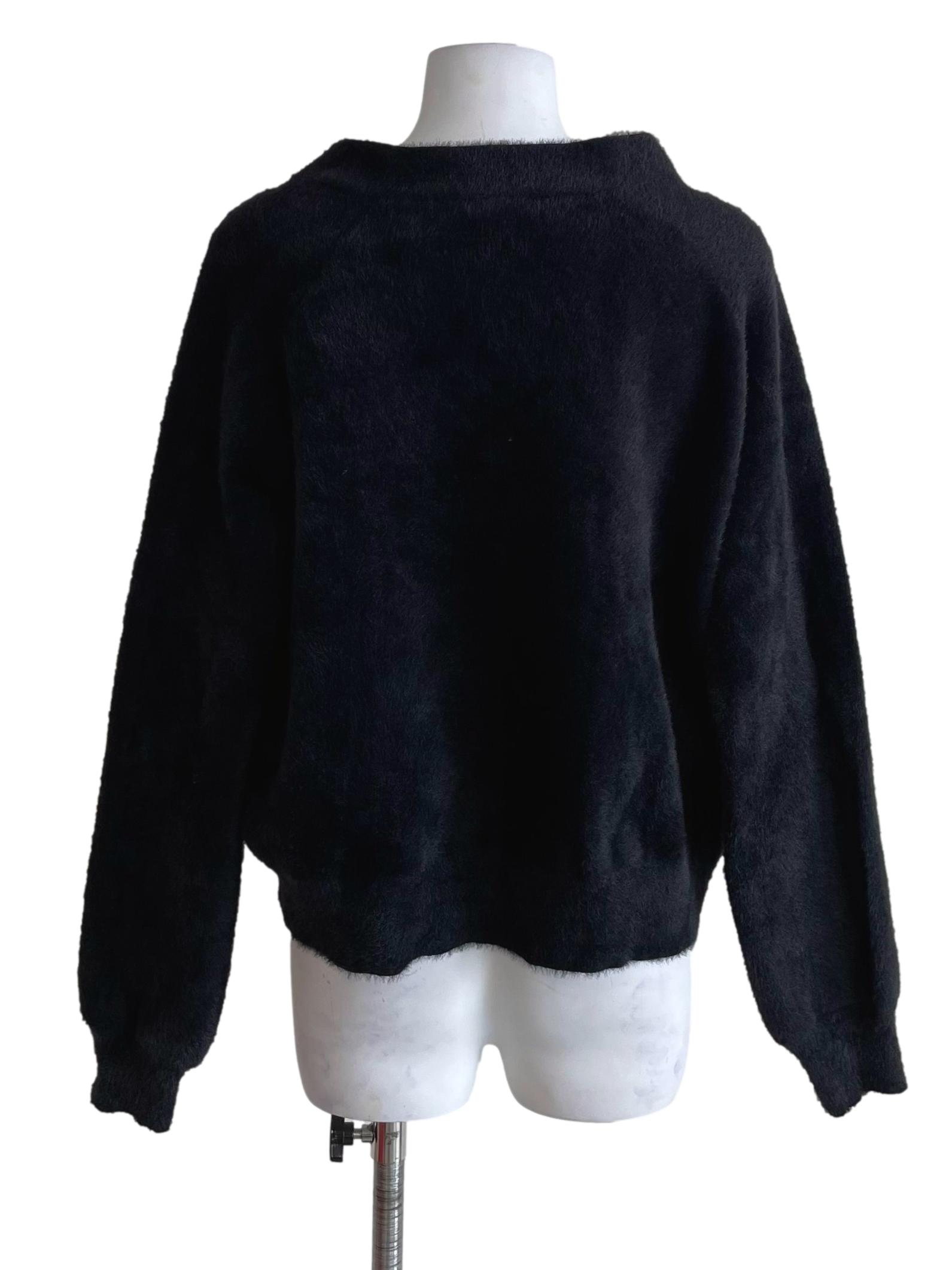 Black V Neck Fuzzy Cardigan