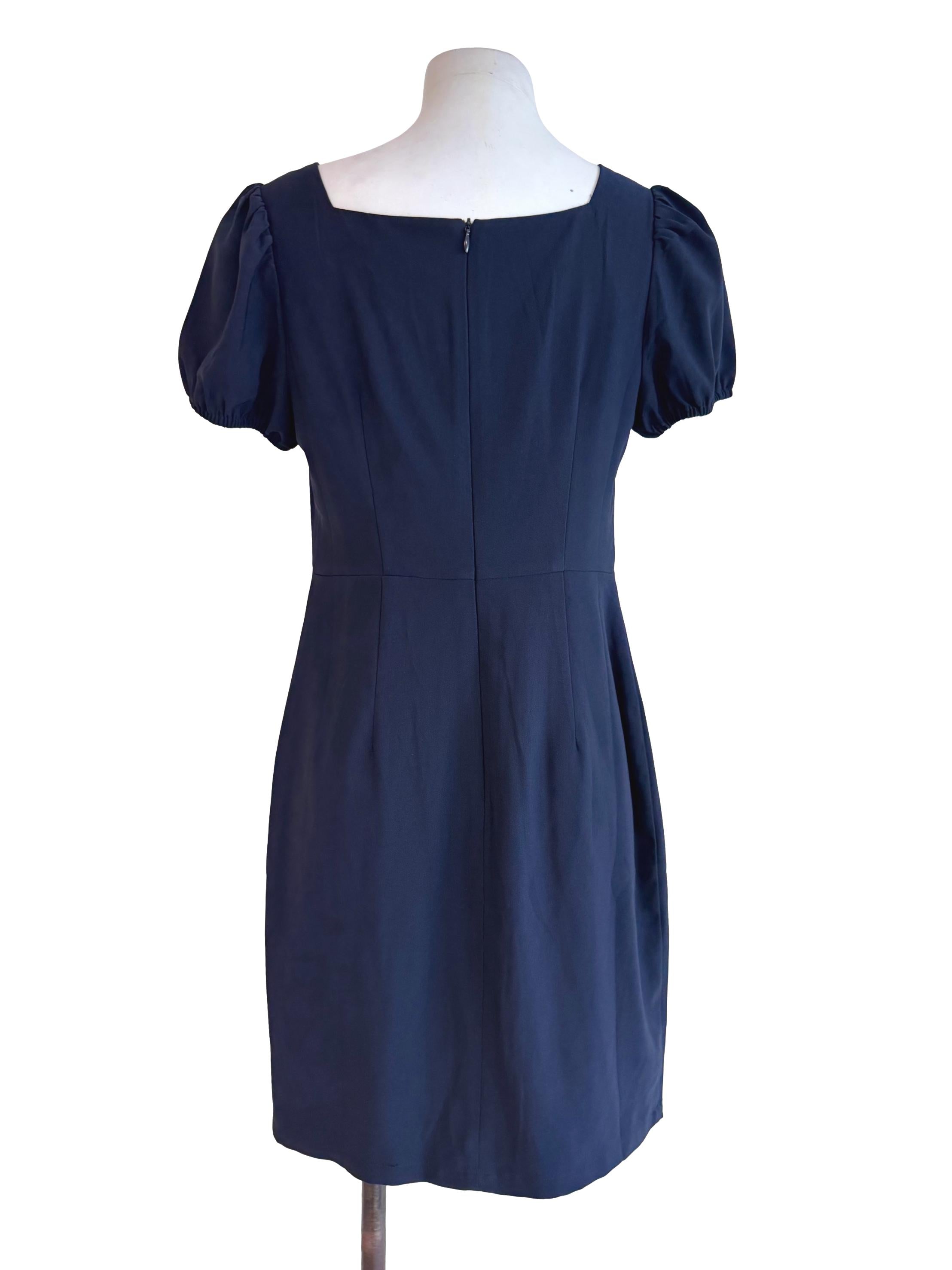 Navy Square-Neck Puff Sleeve Mini Dress