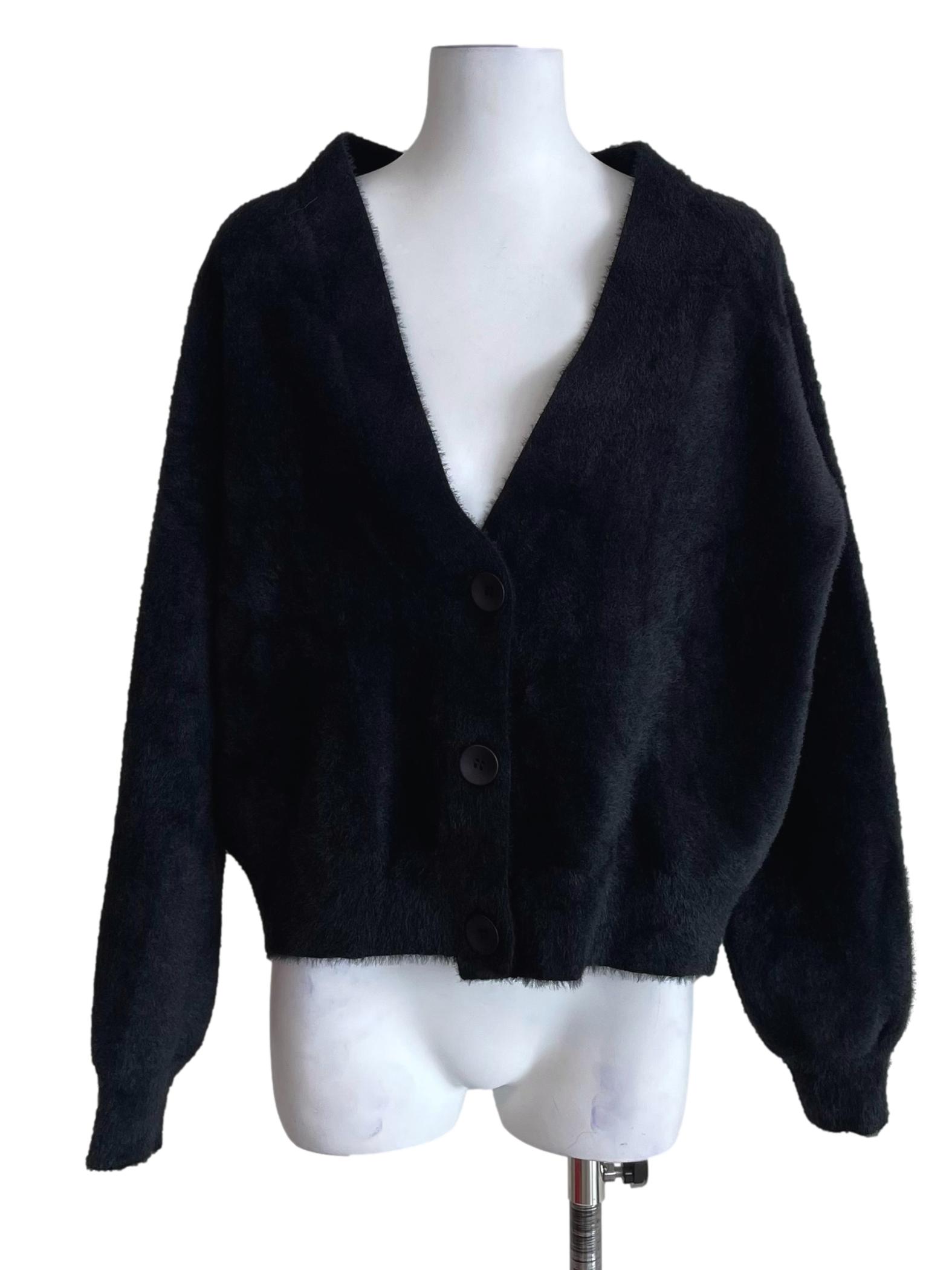 Black V Neck Fuzzy Cardigan