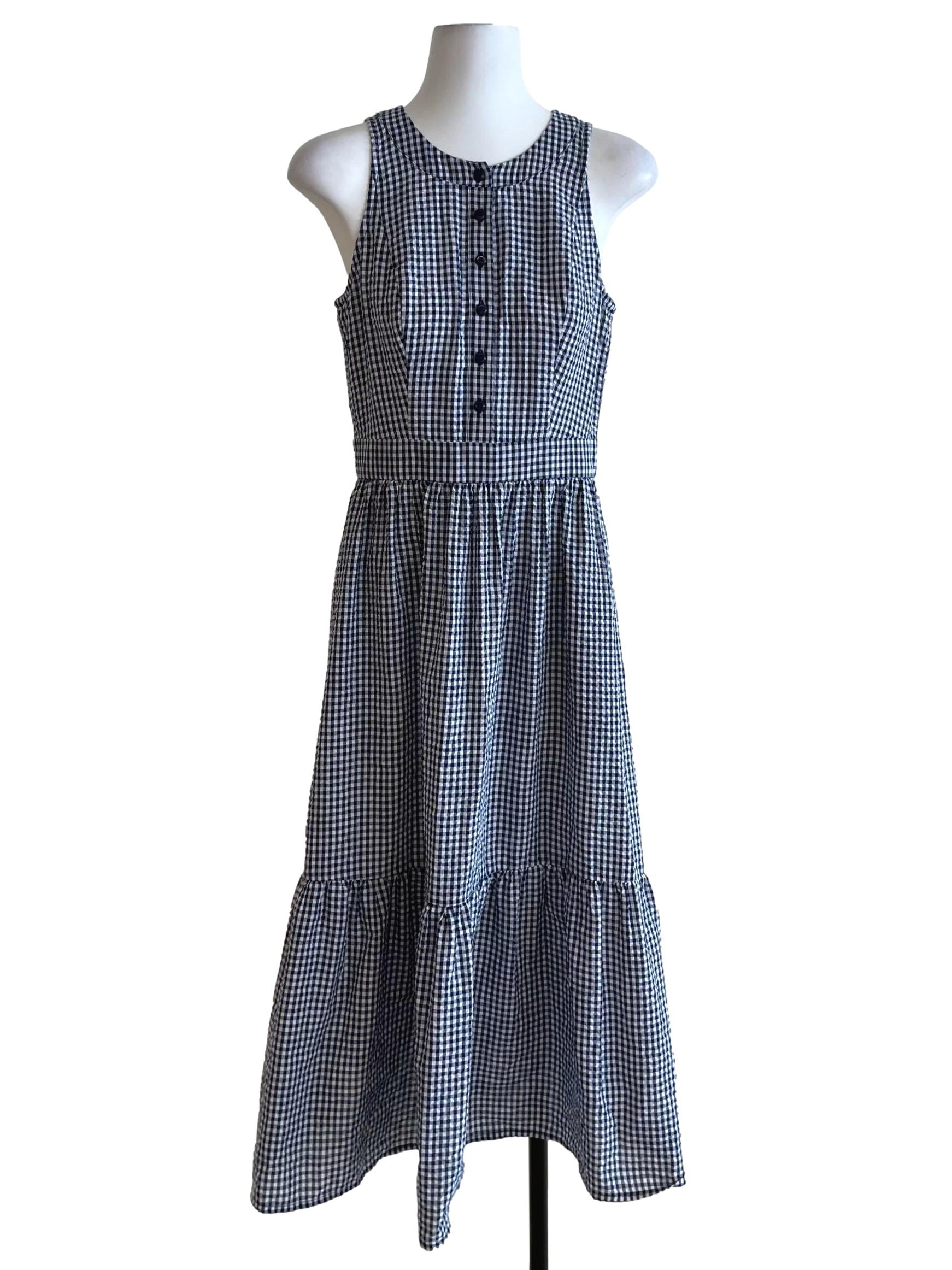 Navy Blue Gingham A-Line Dress