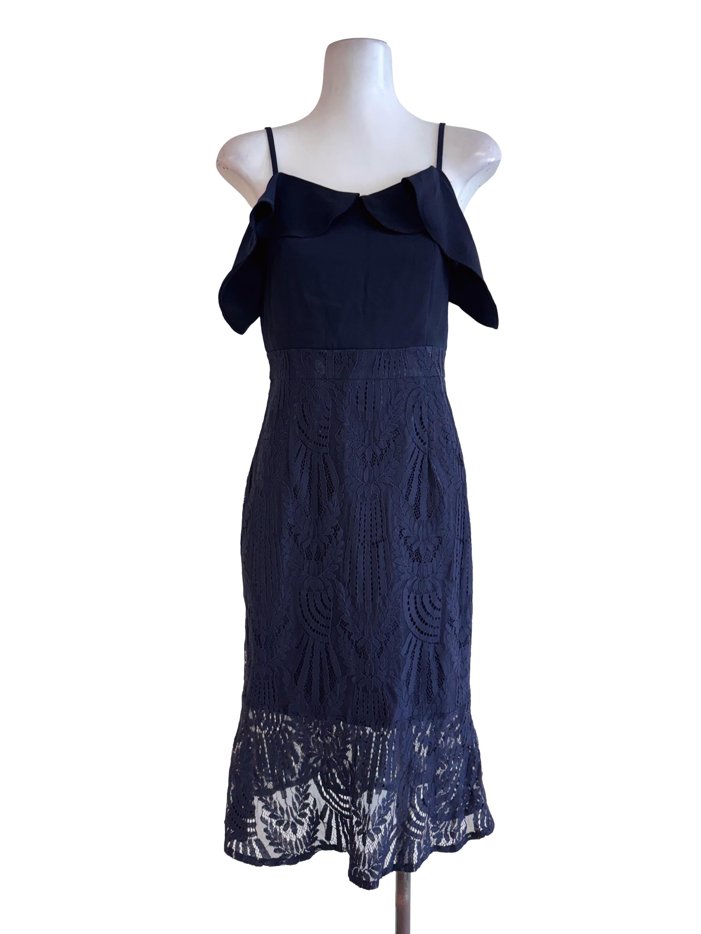 Navy Lace Ruffle Hem Midi Dress
