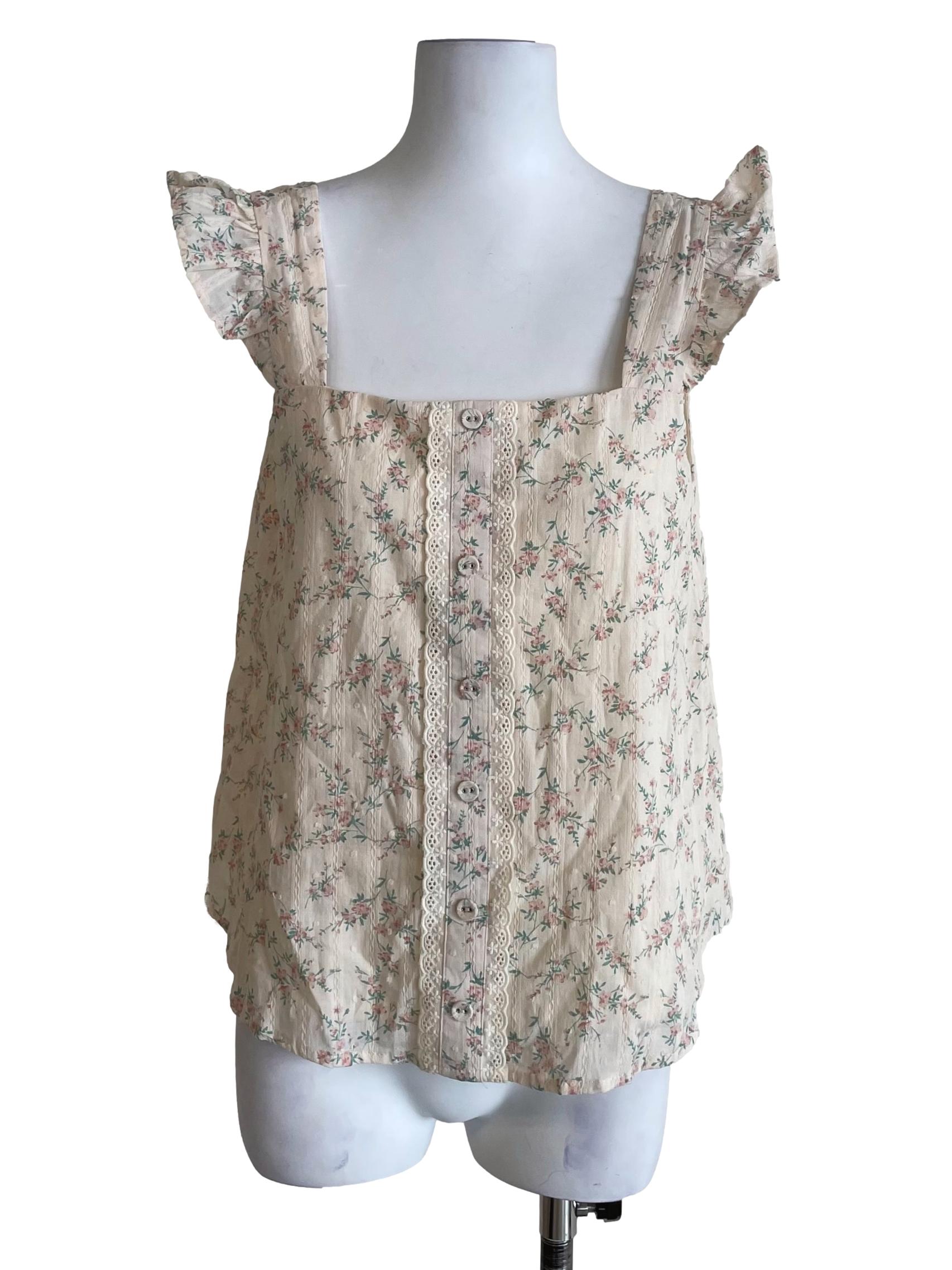 Cream White Floral Ruffled Top