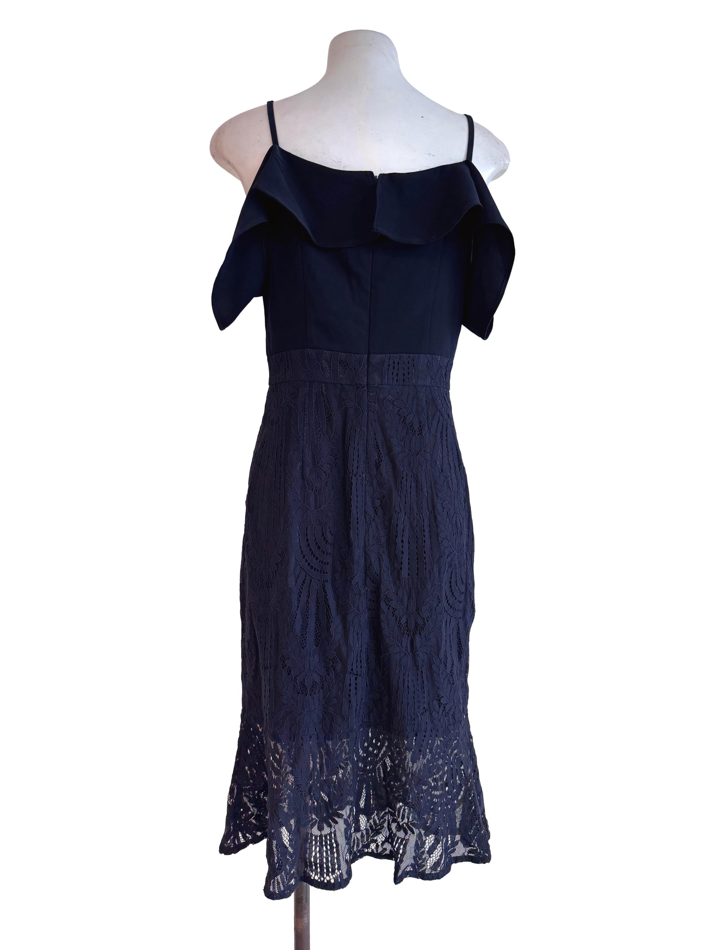 Navy Lace Ruffle Hem Midi Dress