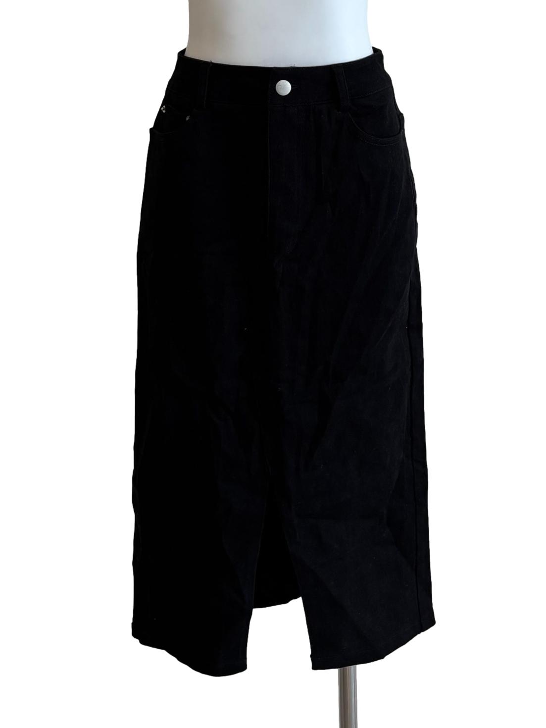 Black Front Cut Denim Skirt