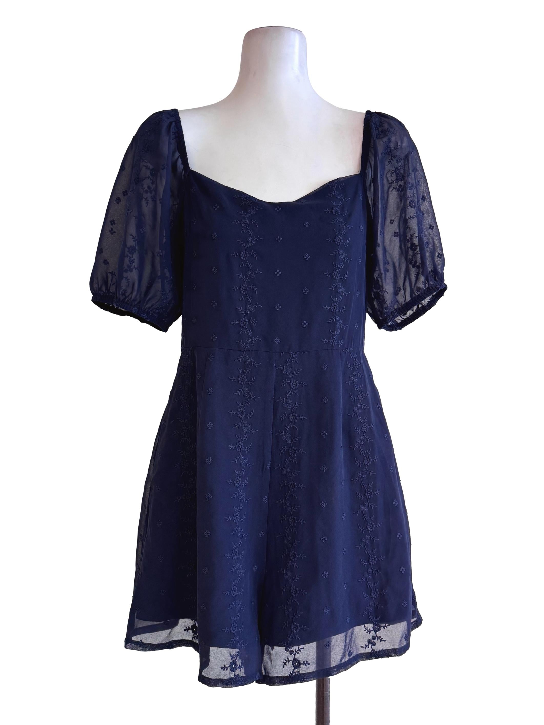 Navy Floral Embroidered Puff Sleeve Mini Dress