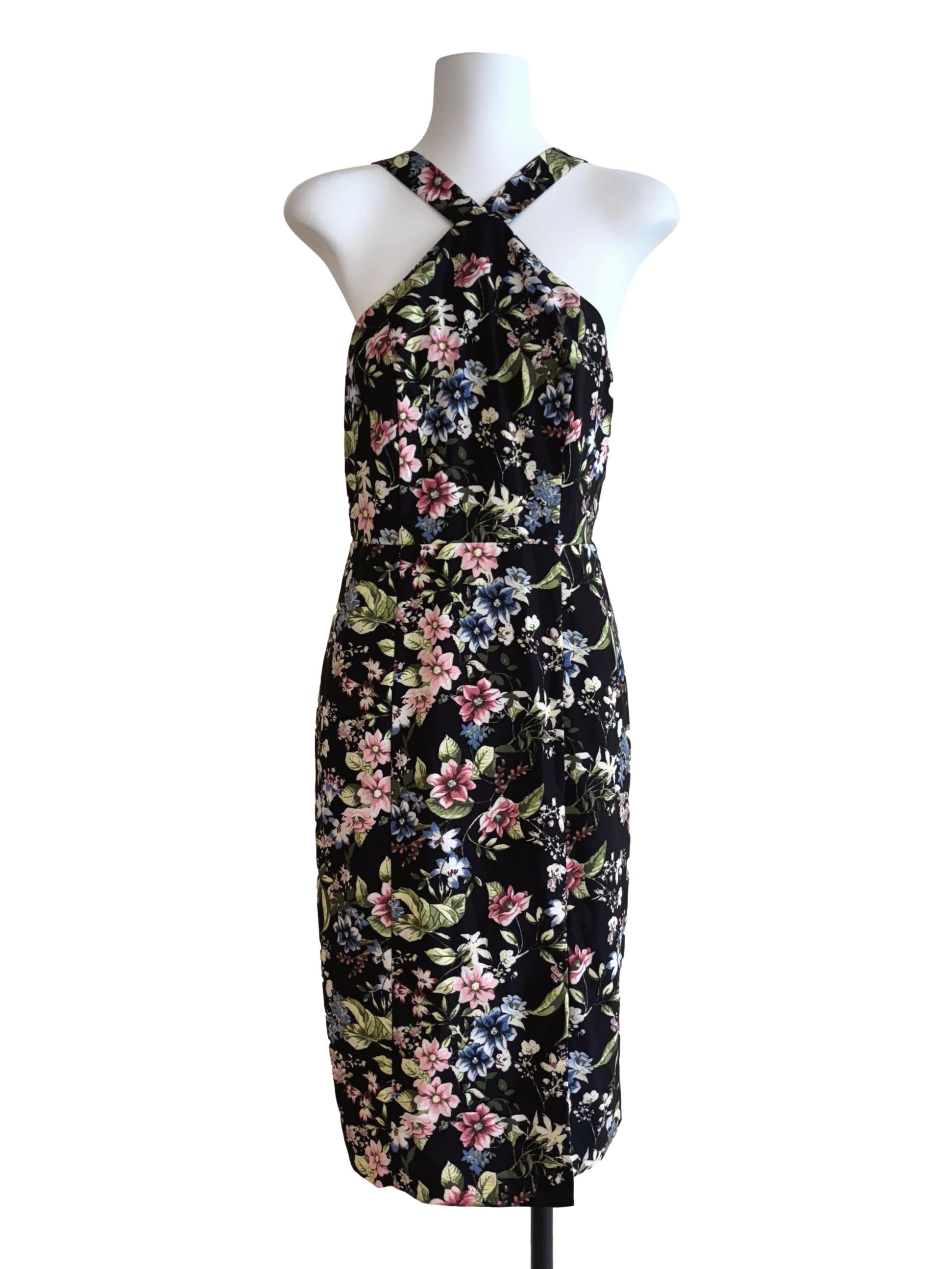 Raven Black Cross Neck Floral Sheath Dress