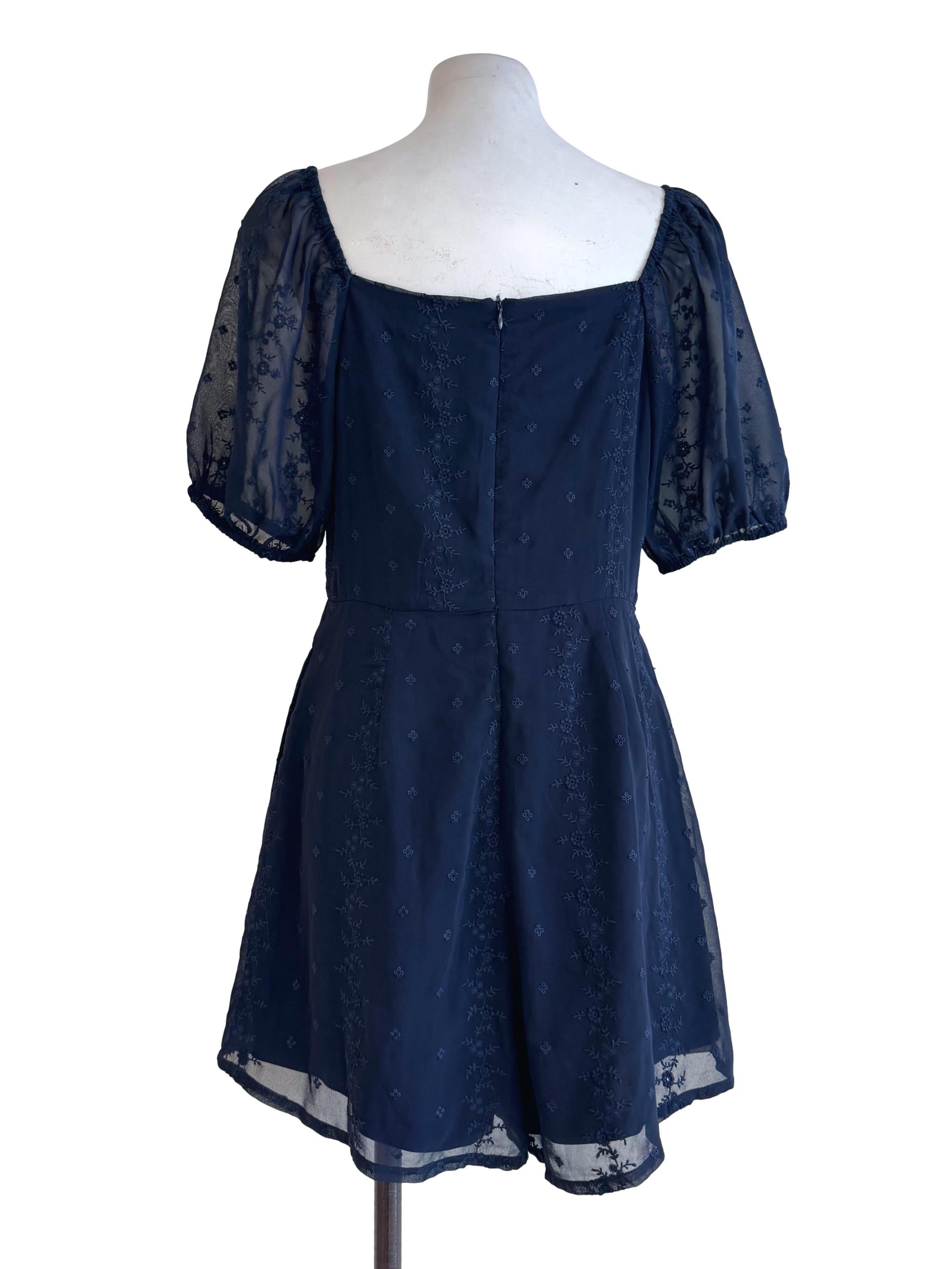 Navy Floral Embroidered Puff Sleeve Mini Dress