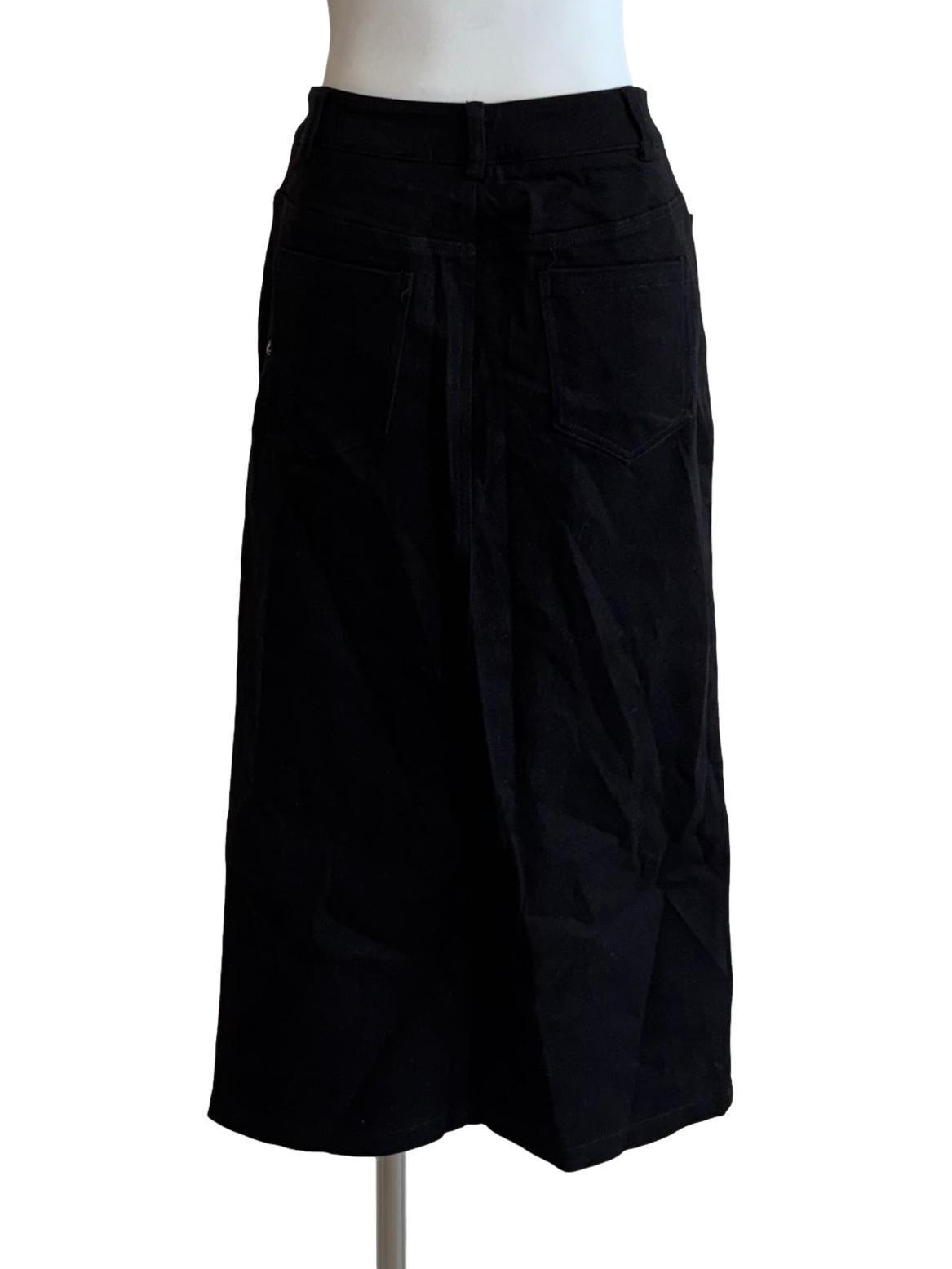 Black Front Cut Denim Skirt