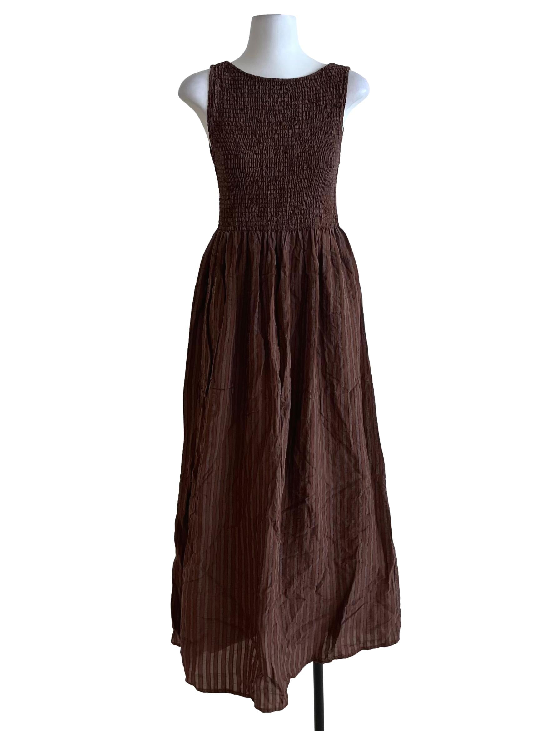 Walnut Brown Shirred A-Line Dress