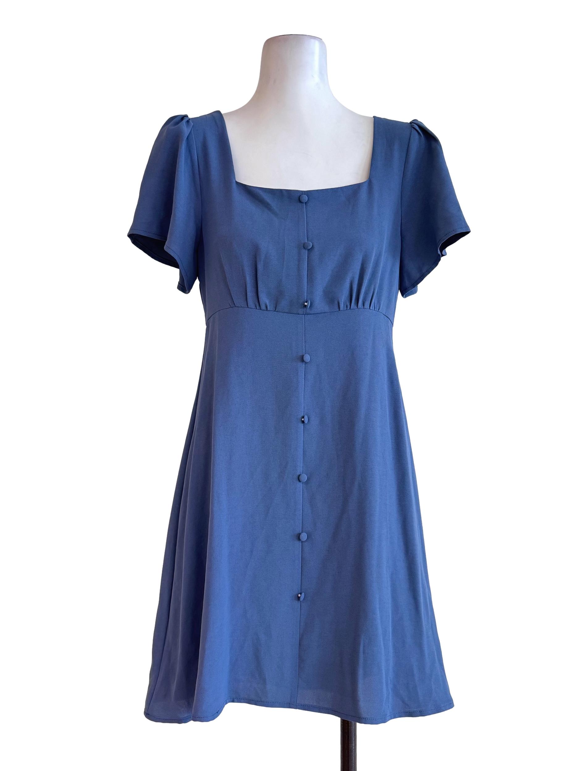 Dusty Blue Button-Down Flutter Sleeve Dress