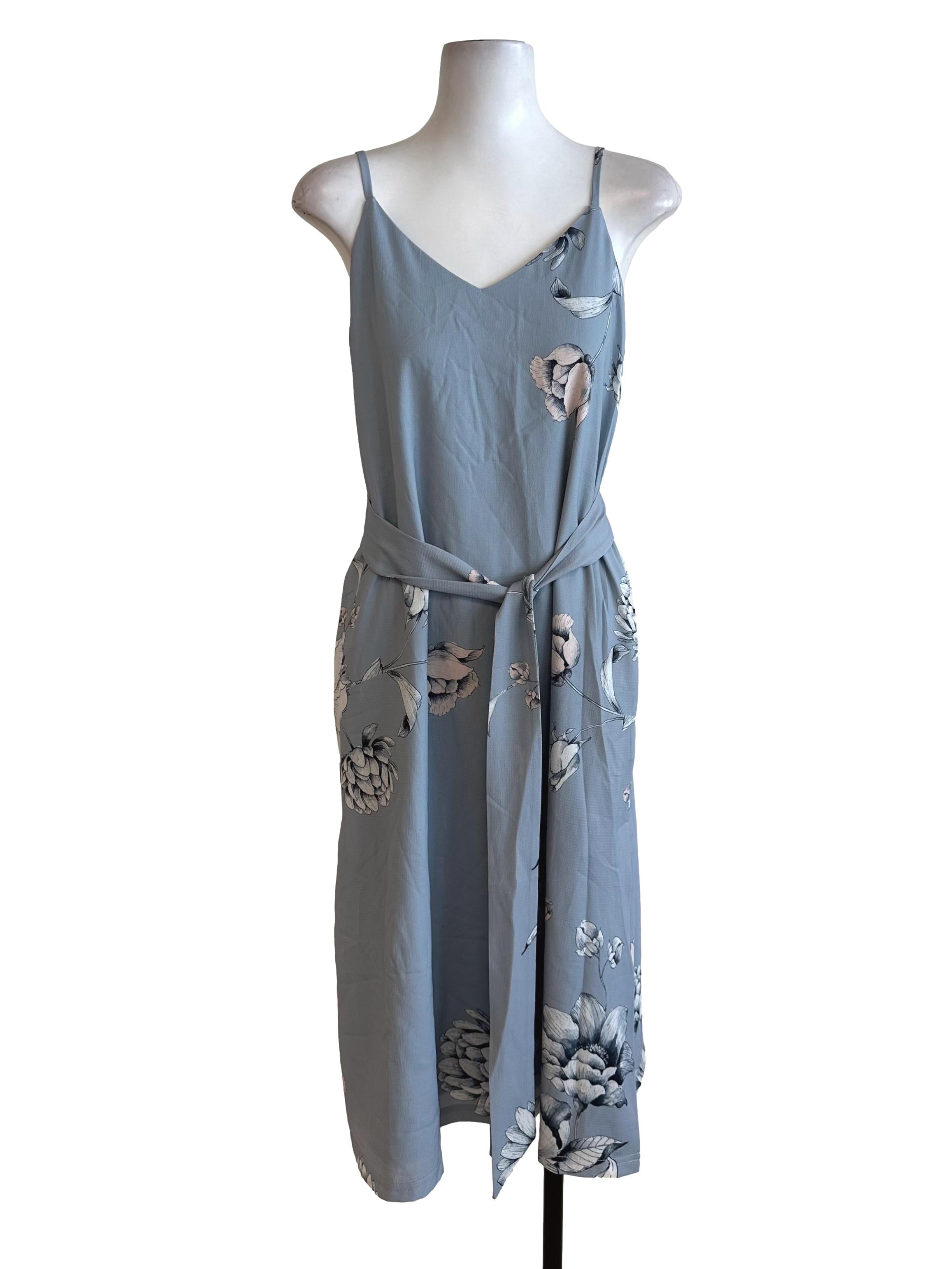 Dusty Blue Floral Pattern Slit Dress