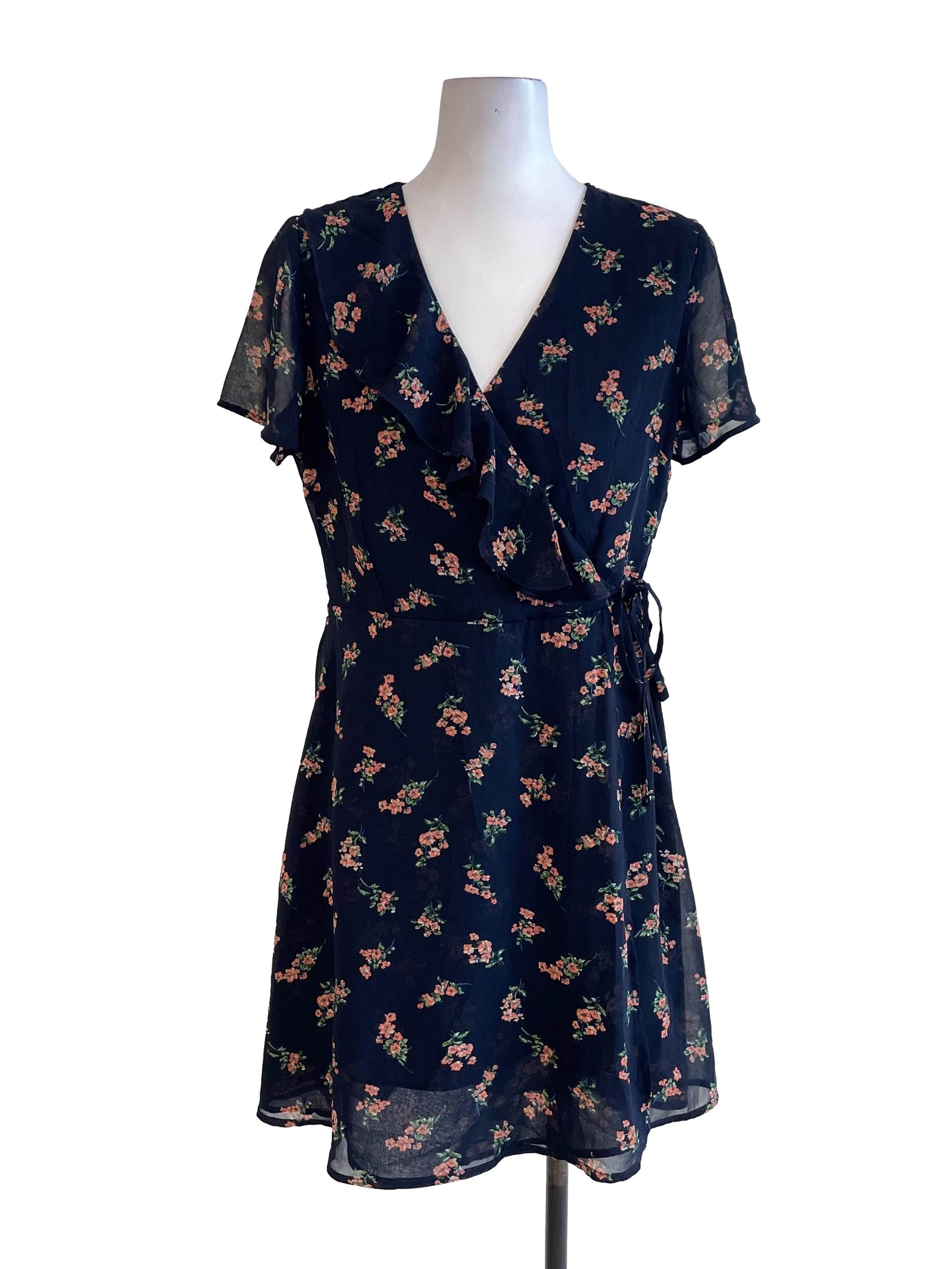 Navy Floral Ruffled Dress