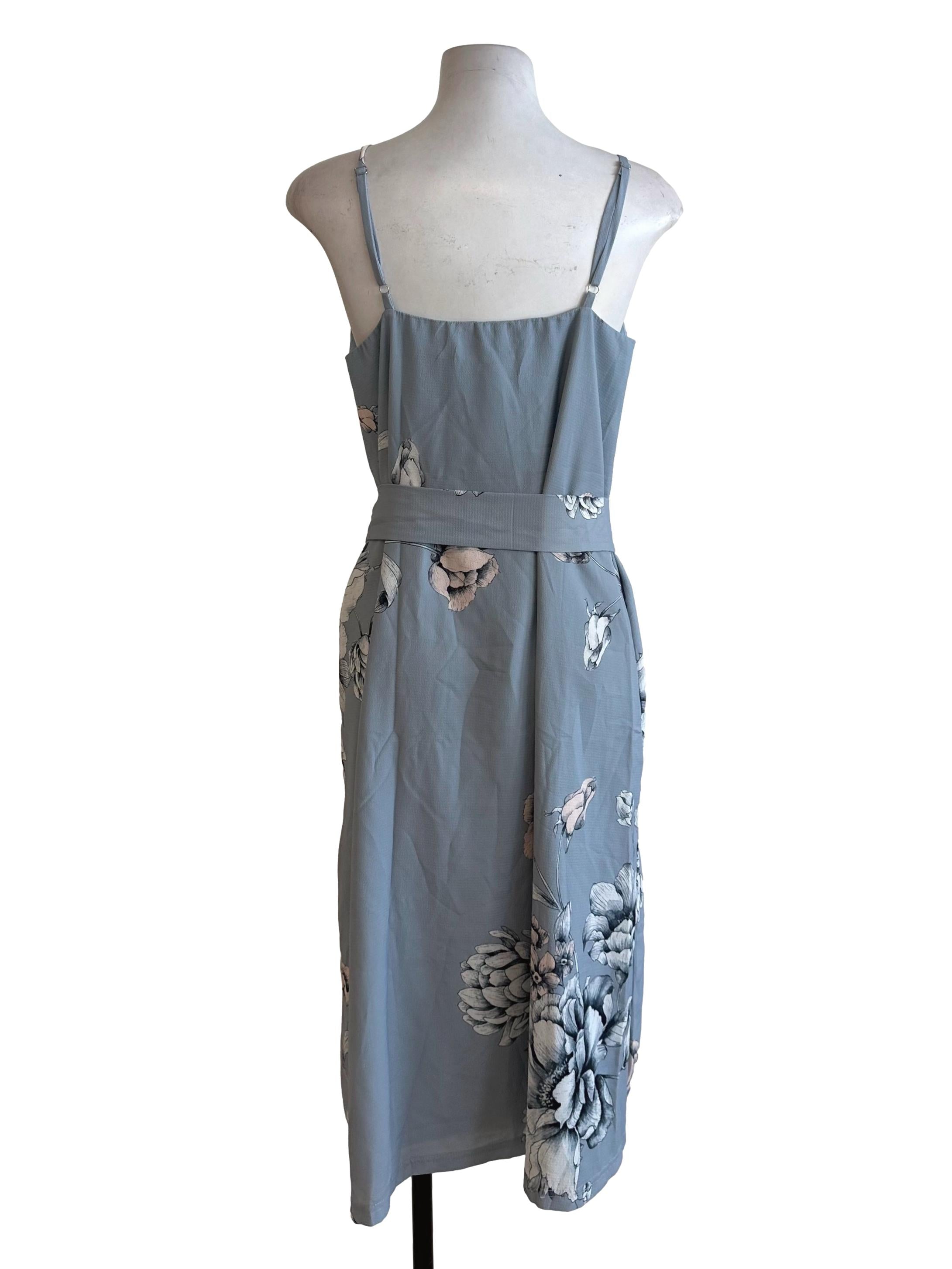 Dusty Blue Floral Pattern Slit Dress